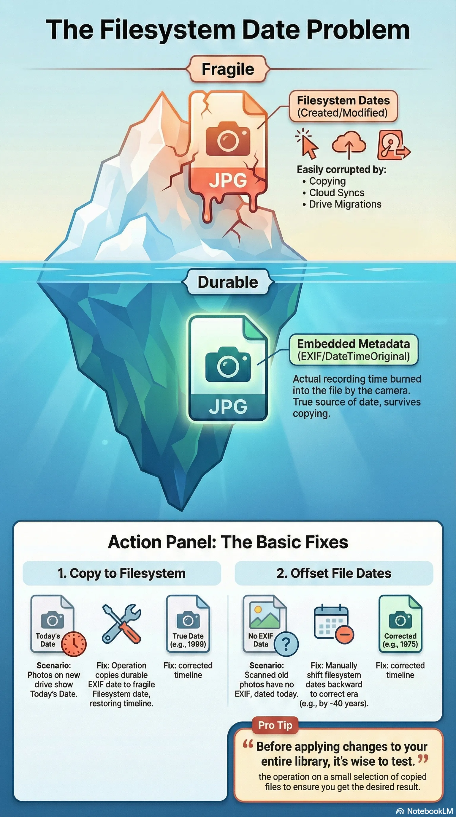MetaScope filesystem date operations showing Copy to Filesystem and Offset File Dates for fixing corrupted or incorrect dates