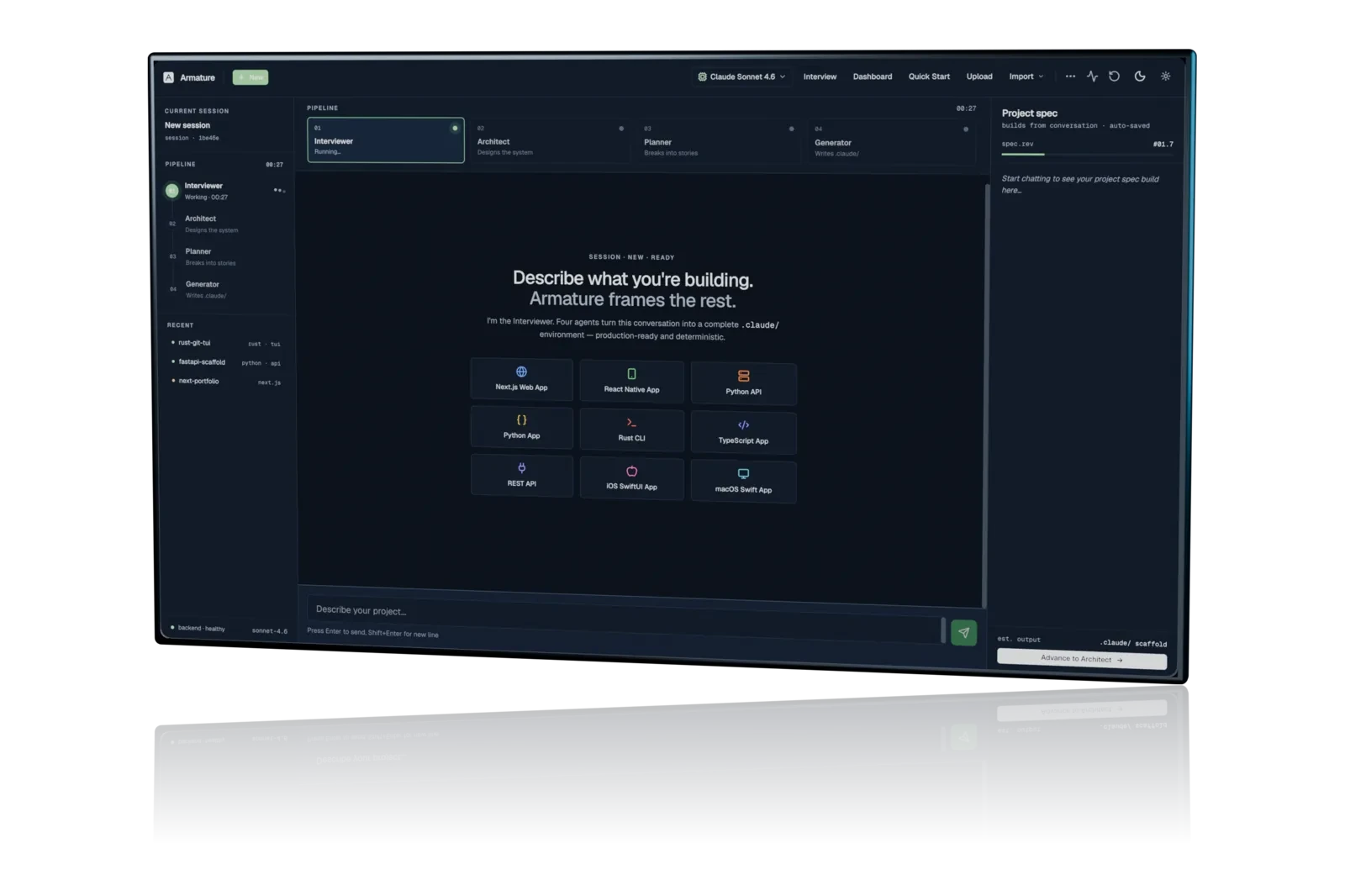 Armature interviewer interface mapping a project during the interview stage