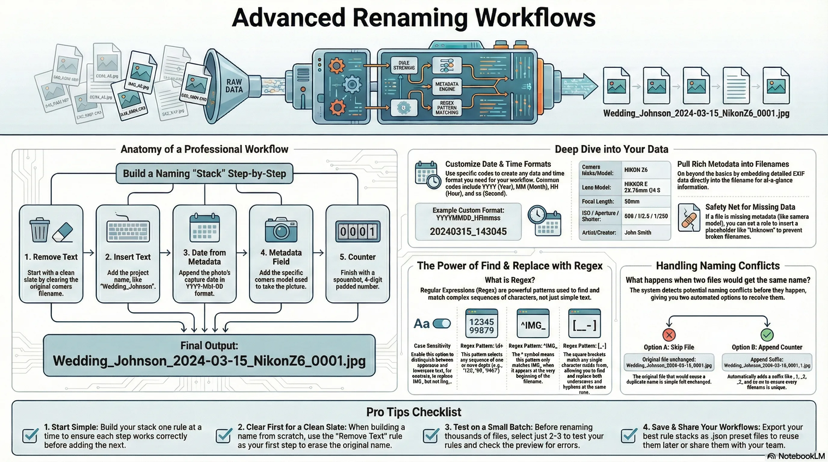 MetaScope Advanced Batch Rename showing custom rule stacks, date formats, metadata fields, and regex find & replace