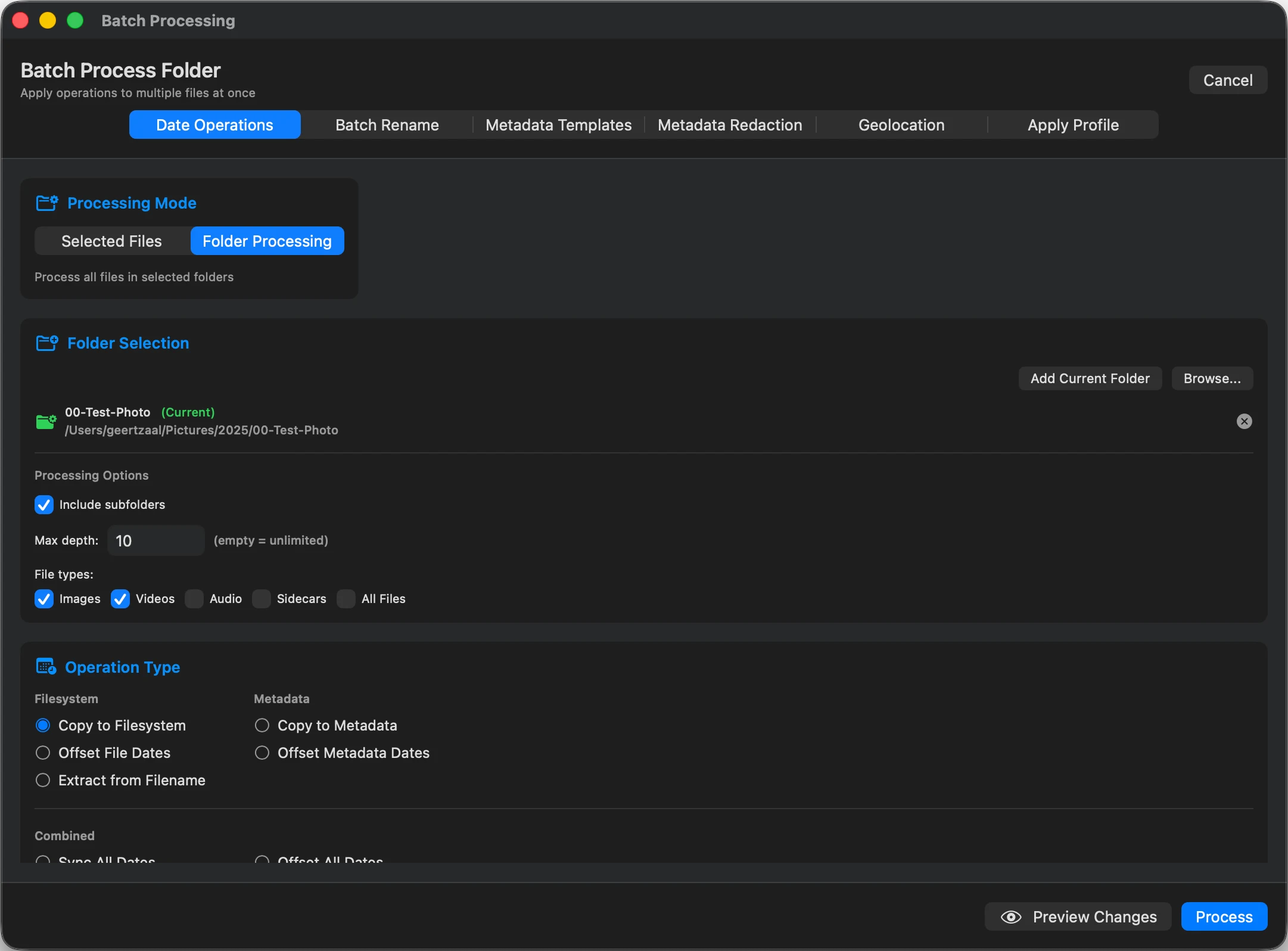 MetaScope batch processing across template application, date operations, privacy redaction, and rename rules