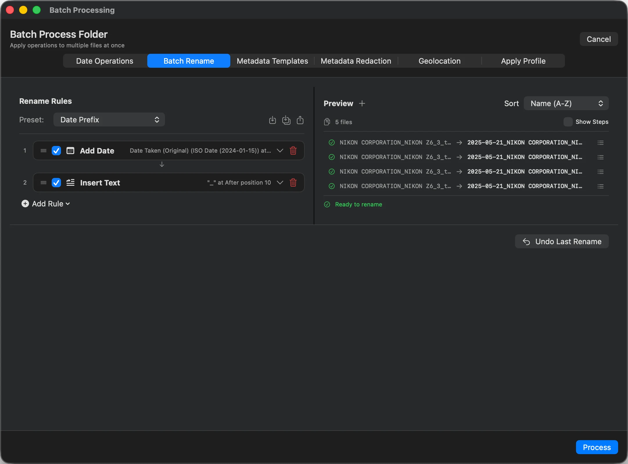 MetaScope Batch Rename tab with a Date Prefix preset and an Add Date rule sourced from Date Taken, showing a live before and after column