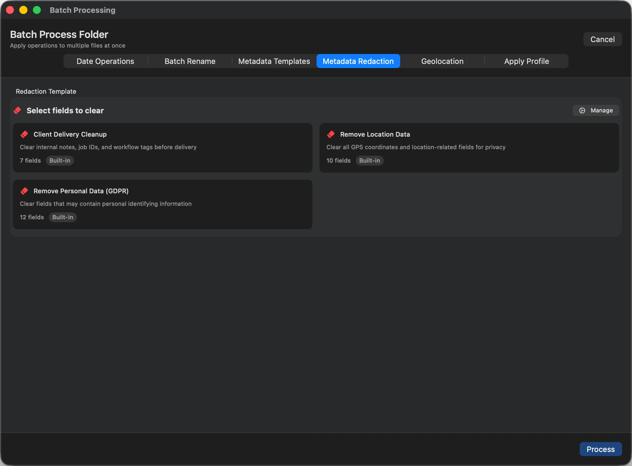 MetaScope Metadata Redaction tab with a Client Delivery Cleanup template and options to remove location data and personal data