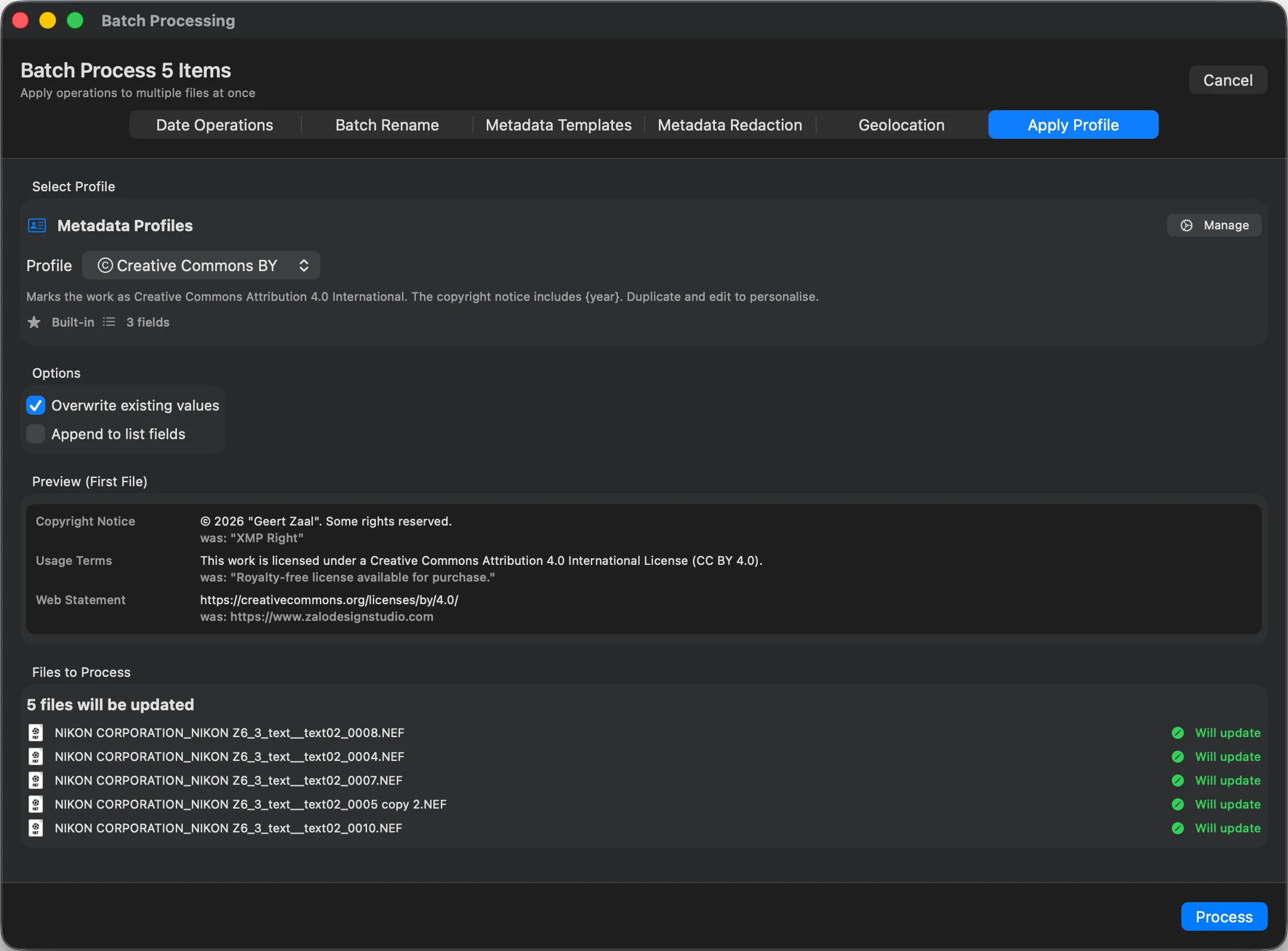 MetaScope applying a copyright profile to a batch so delivered files carry the correct rights