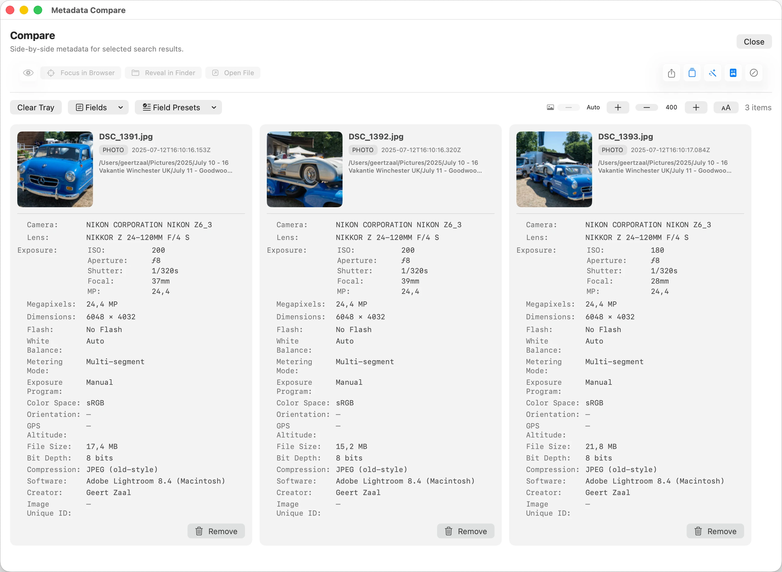 MetaScope Compare Tray showing side-by-side metadata comparison across multiple images