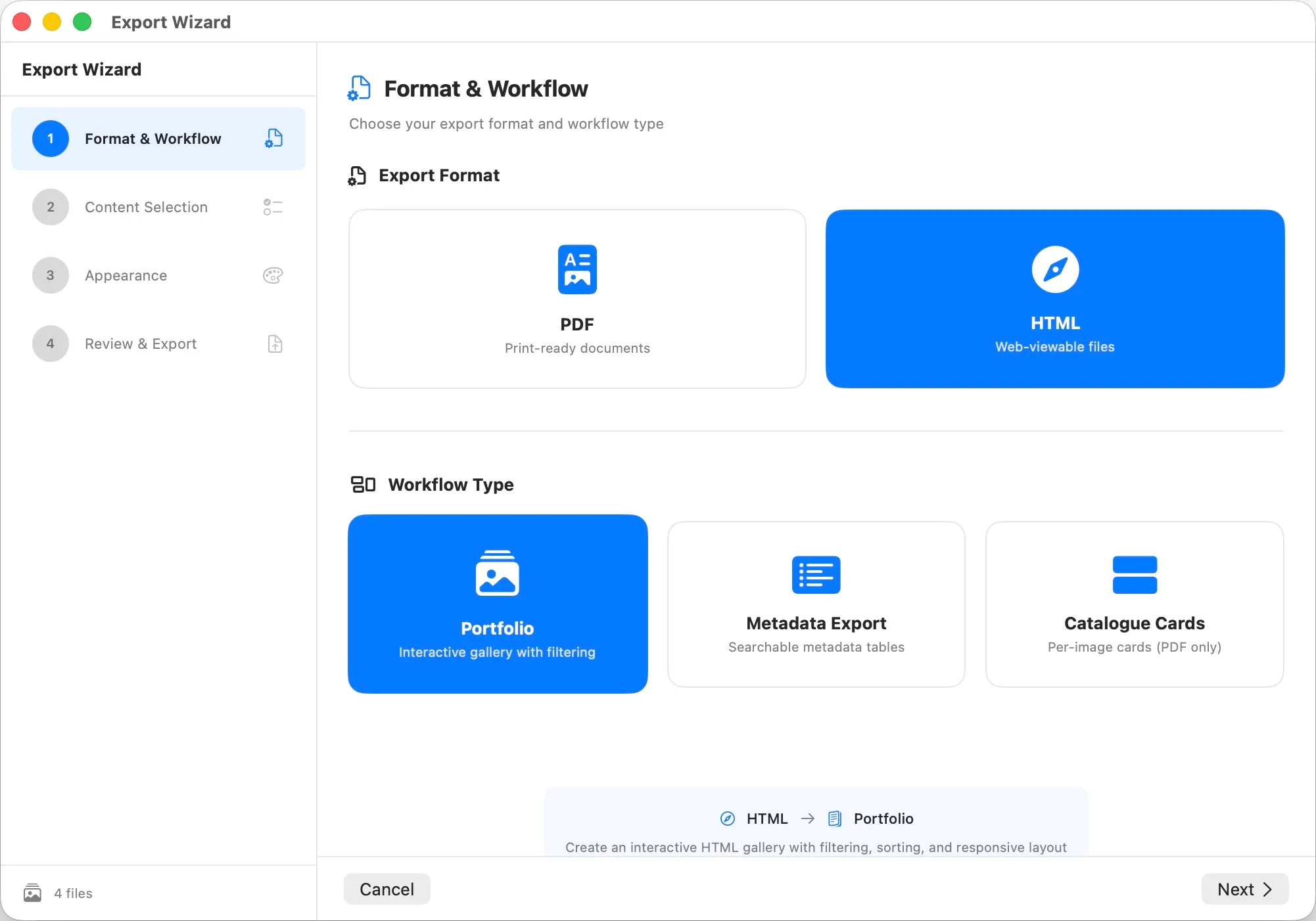 Document Export Wizard - Format & Workflow selection