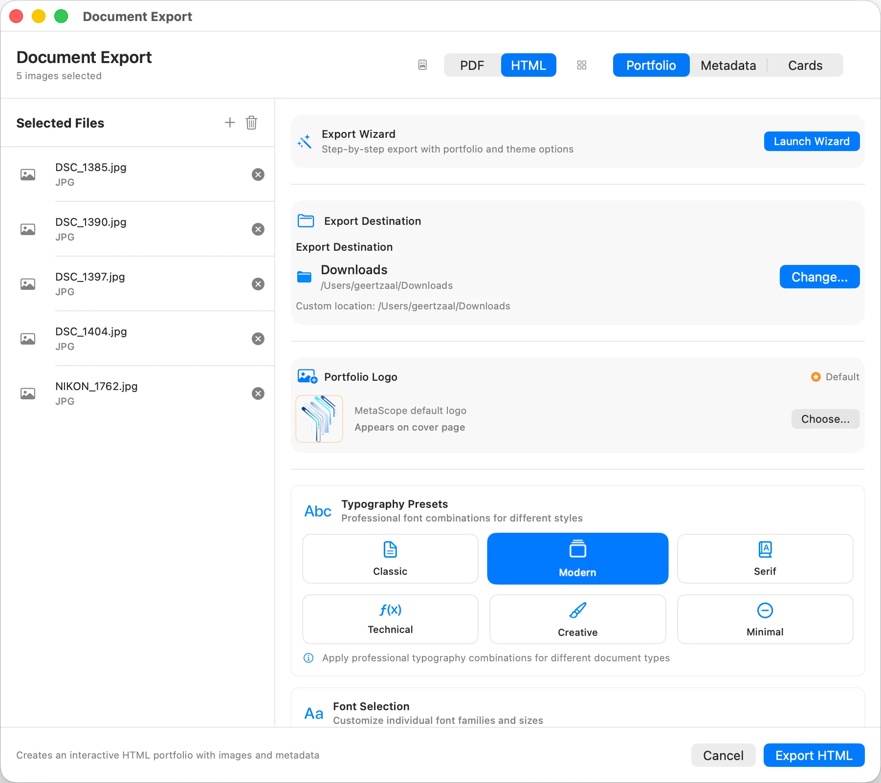 Document Export wizard, format and workflow selection screen