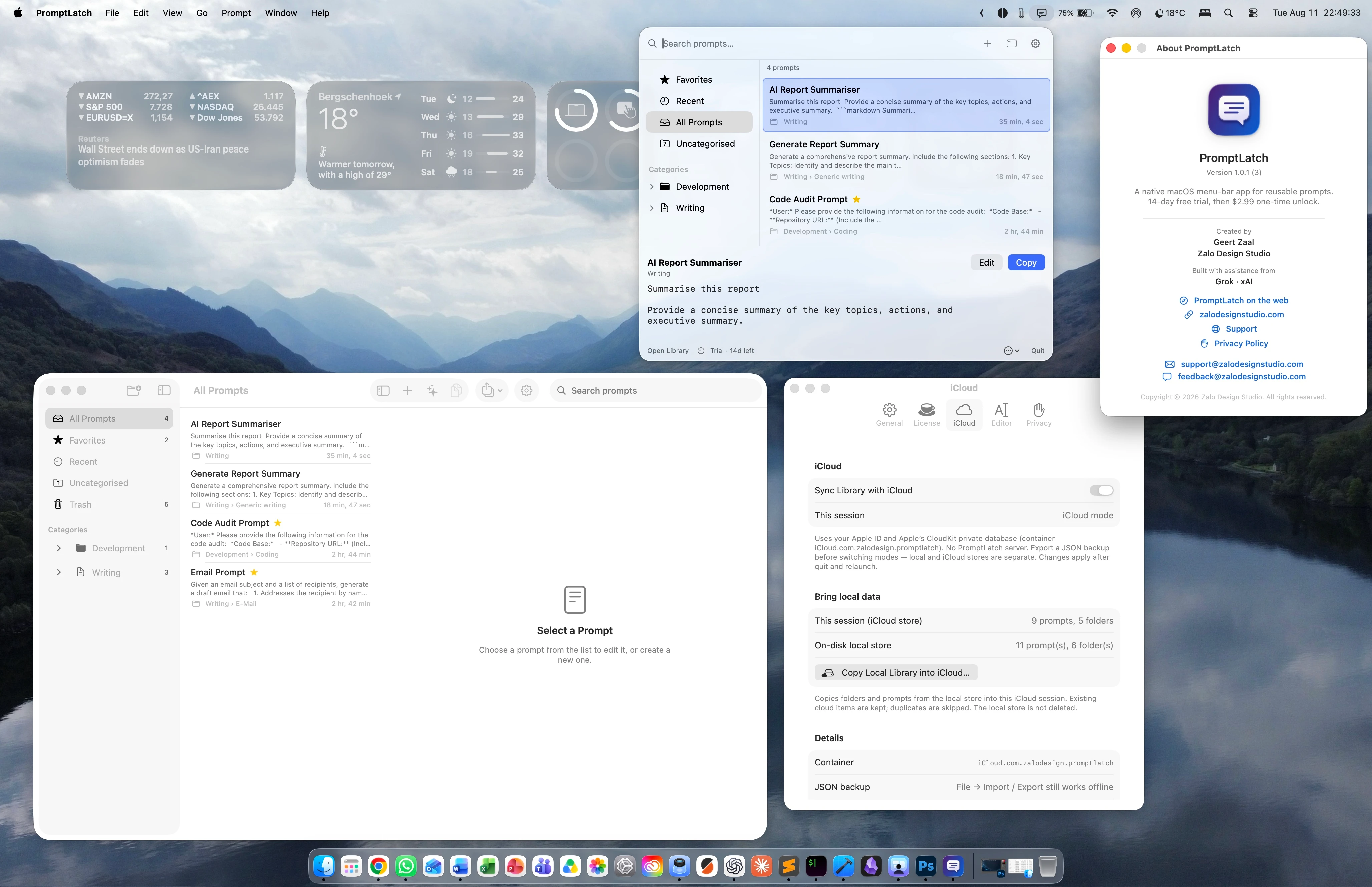 PromptLatch on macOS with the menu-bar panel open above the three-column Library window