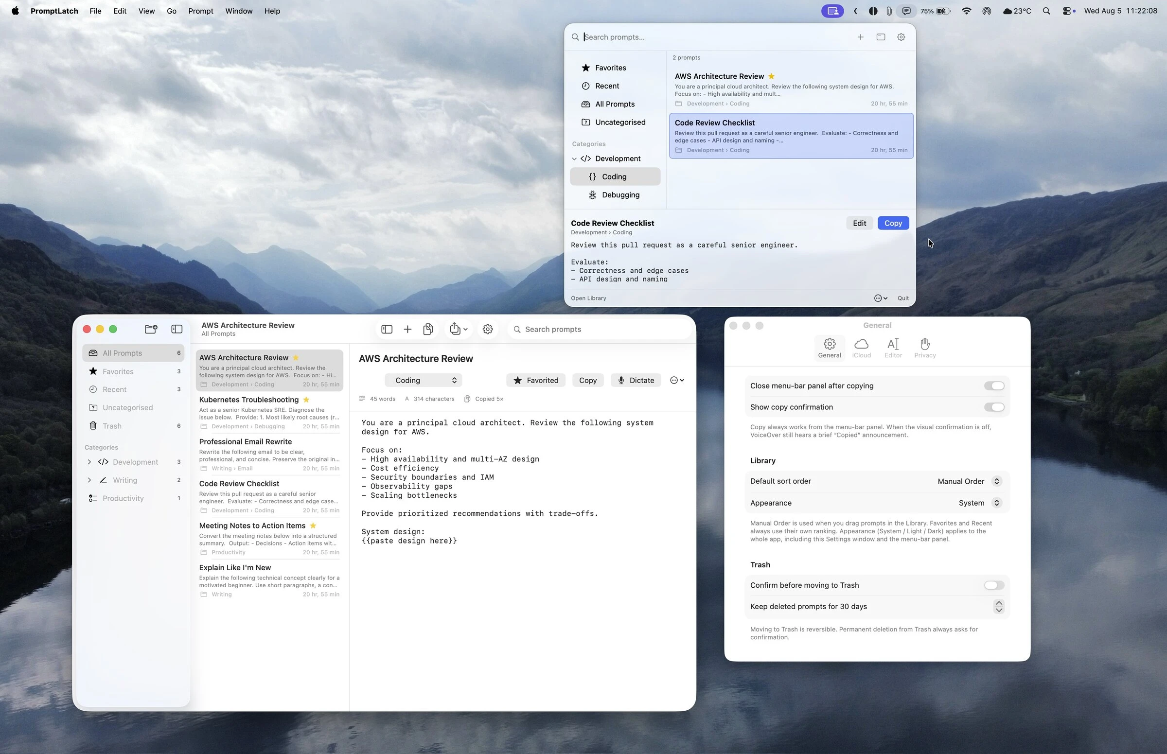 PromptLatch on macOS with the menu-bar panel open above the three-column Library window
