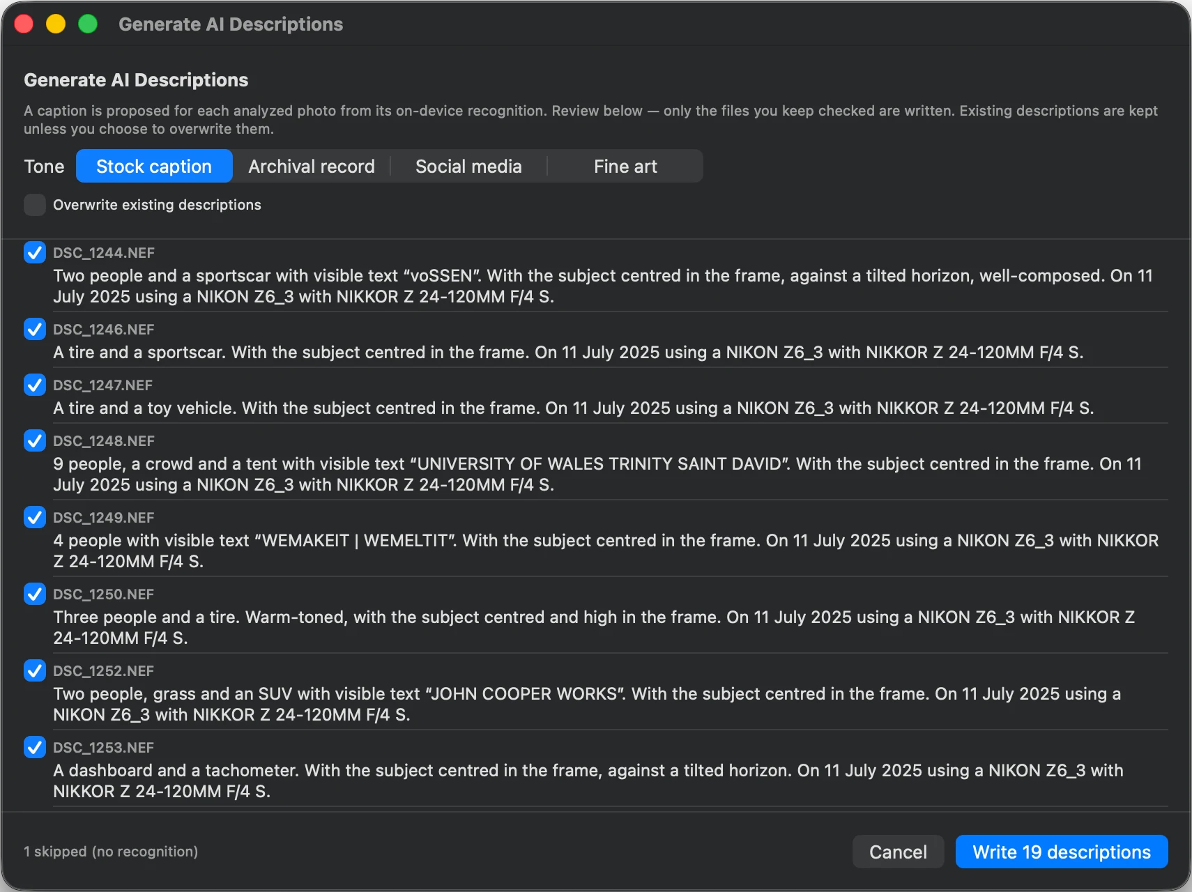MetaScope Generate AI Descriptions review list, per-photo captions in the Stock caption tone with a Write descriptions button