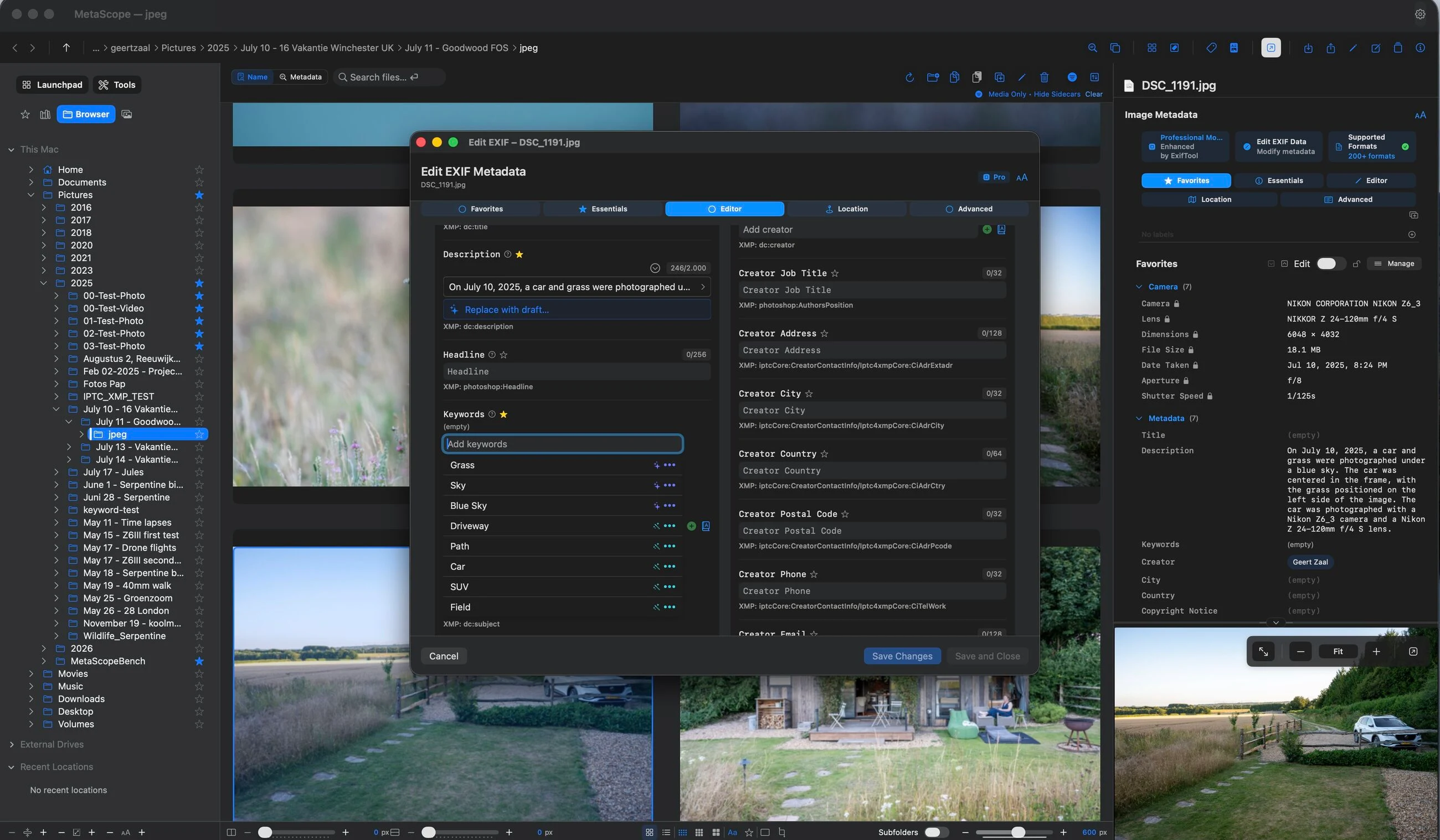 MetaScope showing a photo's AI-generated description in the Edit EXIF window and the Info Panel, with smart keyword suggestions in the keyword field