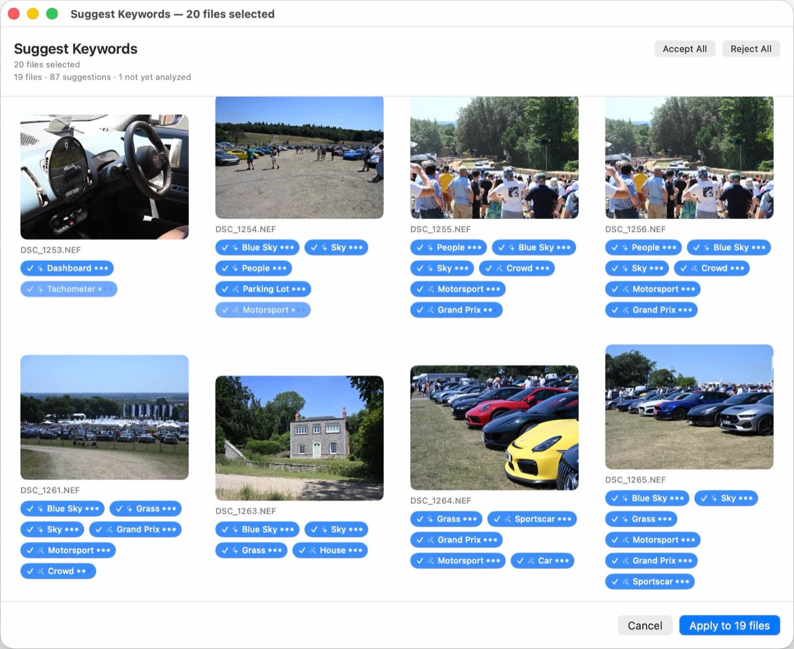 MetaScope suggesting keywords from on-device image analysis, with accept or reject per photo