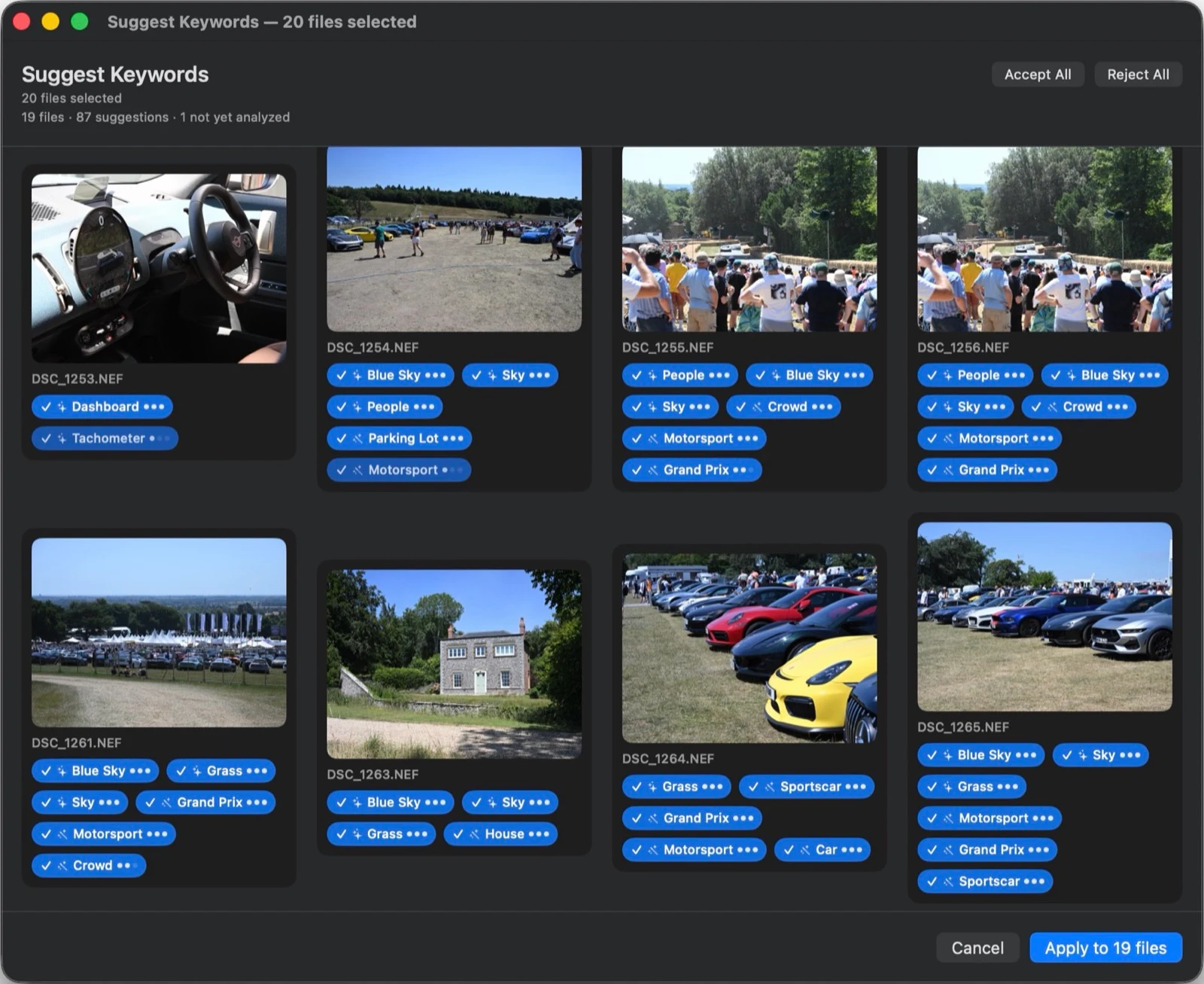 MetaScope Suggest Keywords review grid with badged Vision keyword suggestions across a folder of photos