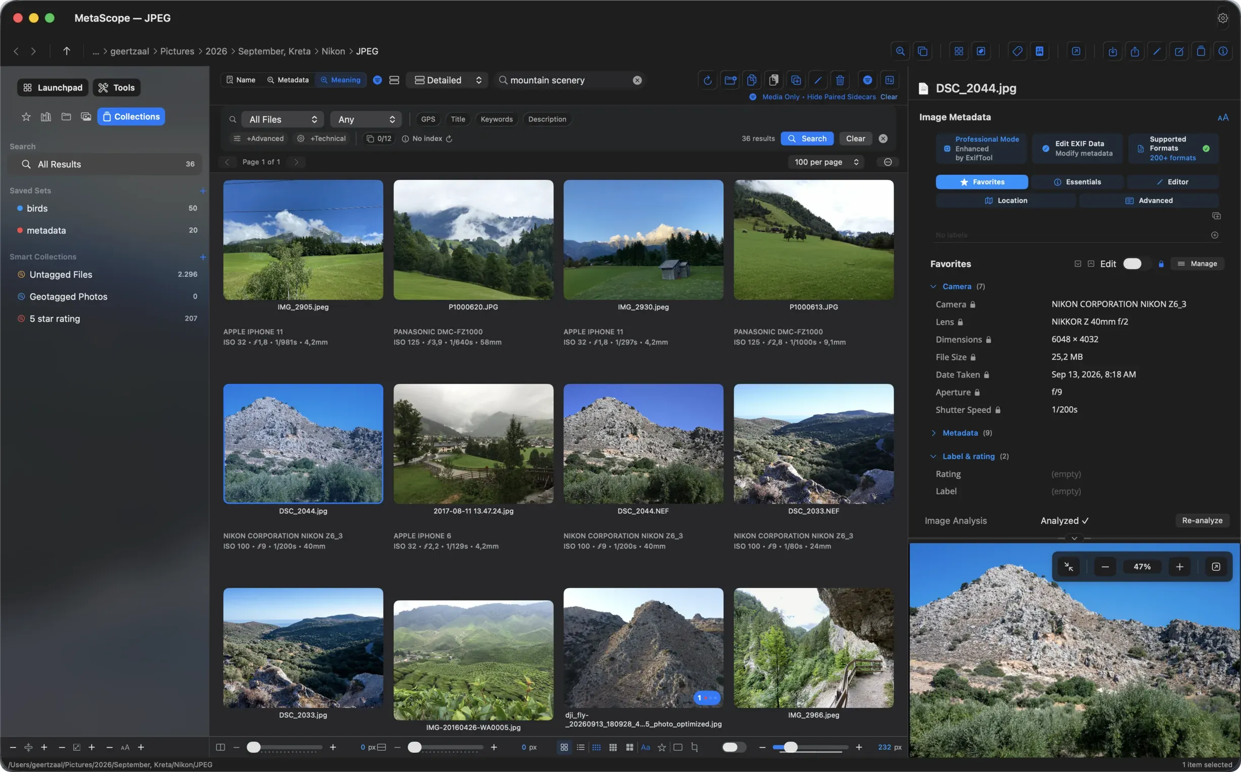 MetaScope 1.6 in dark mode with Meaning search active: the query mountain scenery returns 36 results, mostly mountain landscapes from across the library, in the browser grid