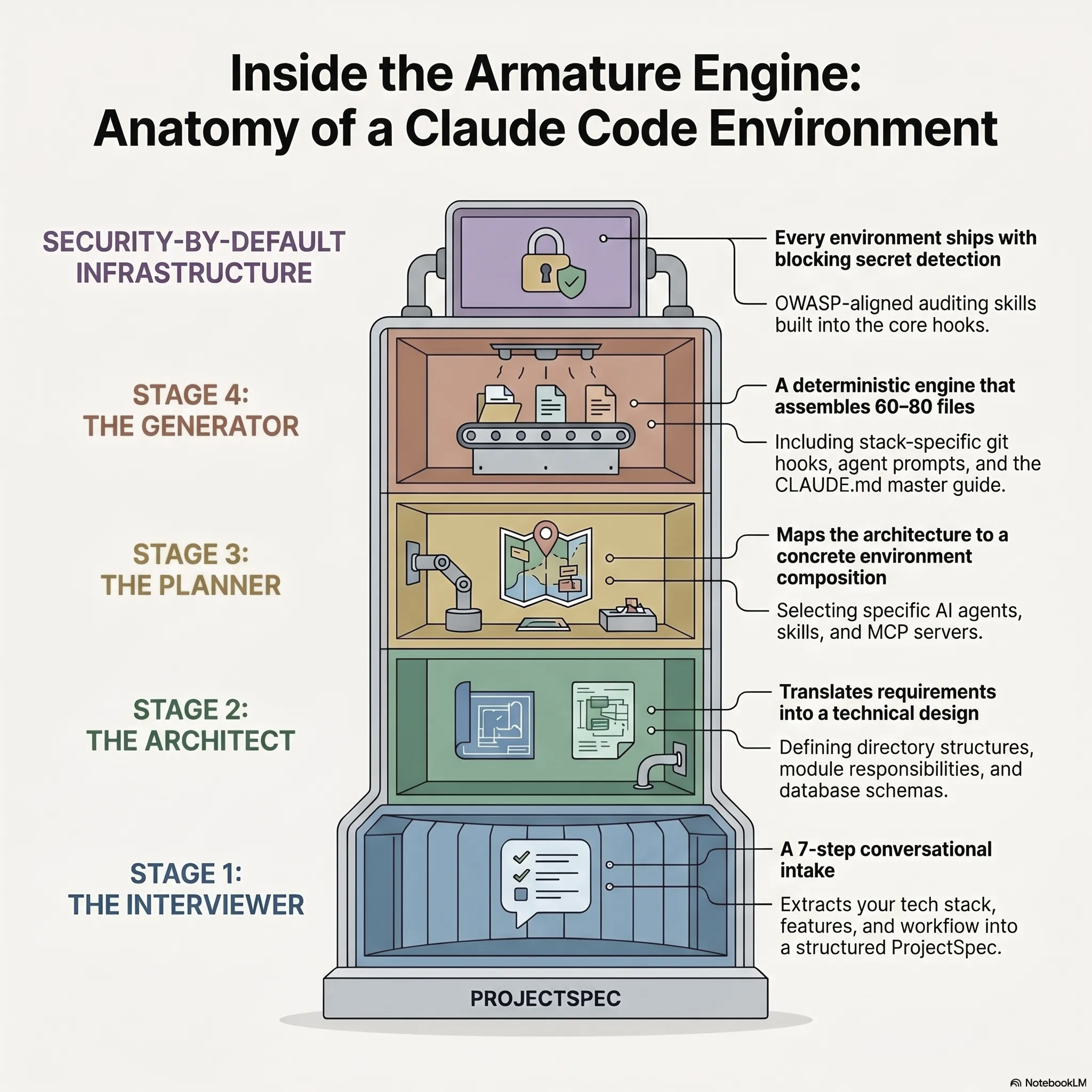 Armature's four-stage pipeline: Interviewer, Architect, Planner, Generator, with the interview feeding an architecture that is planned and then assembled into a complete Claude Code environment