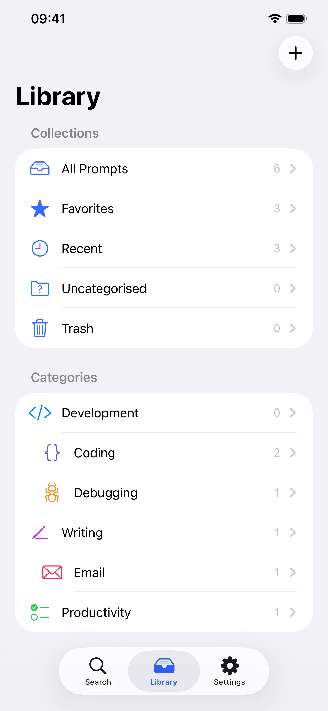 PromptLatch on iPhone showing prompt collections and categories