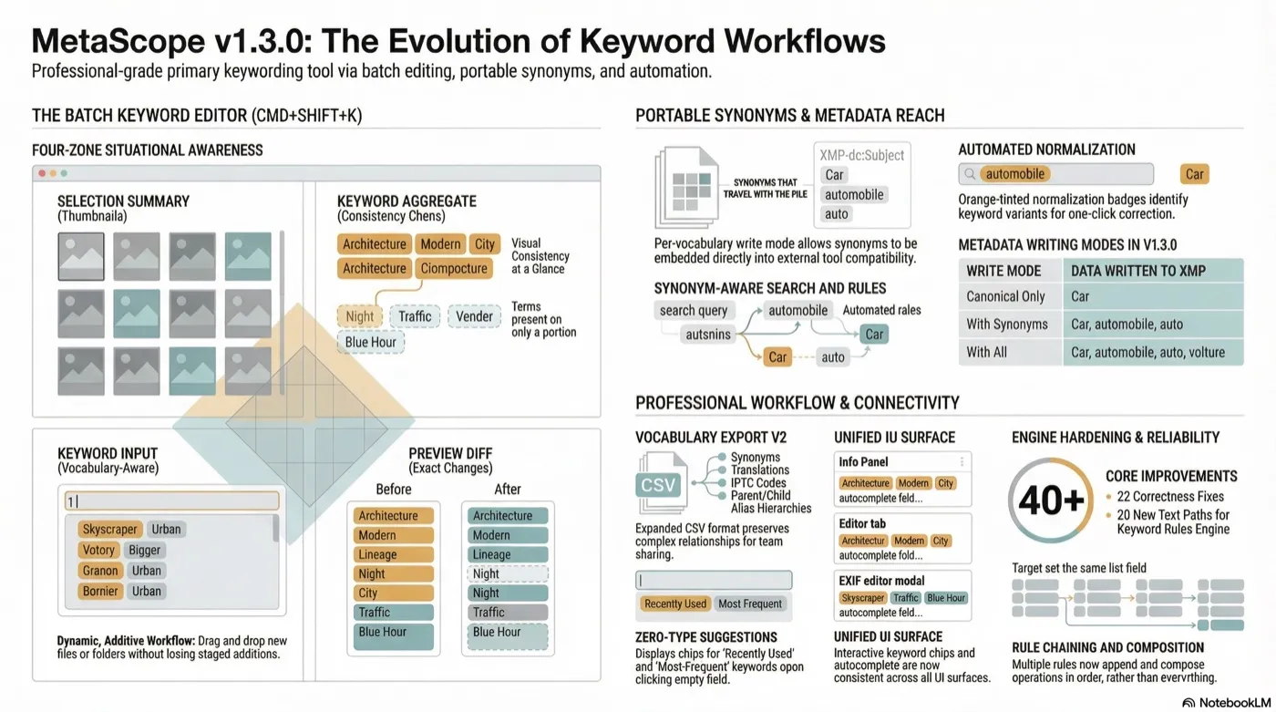 MetaScope v1.3.0 keyword workflow infographic showing batch editing, vocabulary browsing, synonym-aware search, and keyword normalization working together