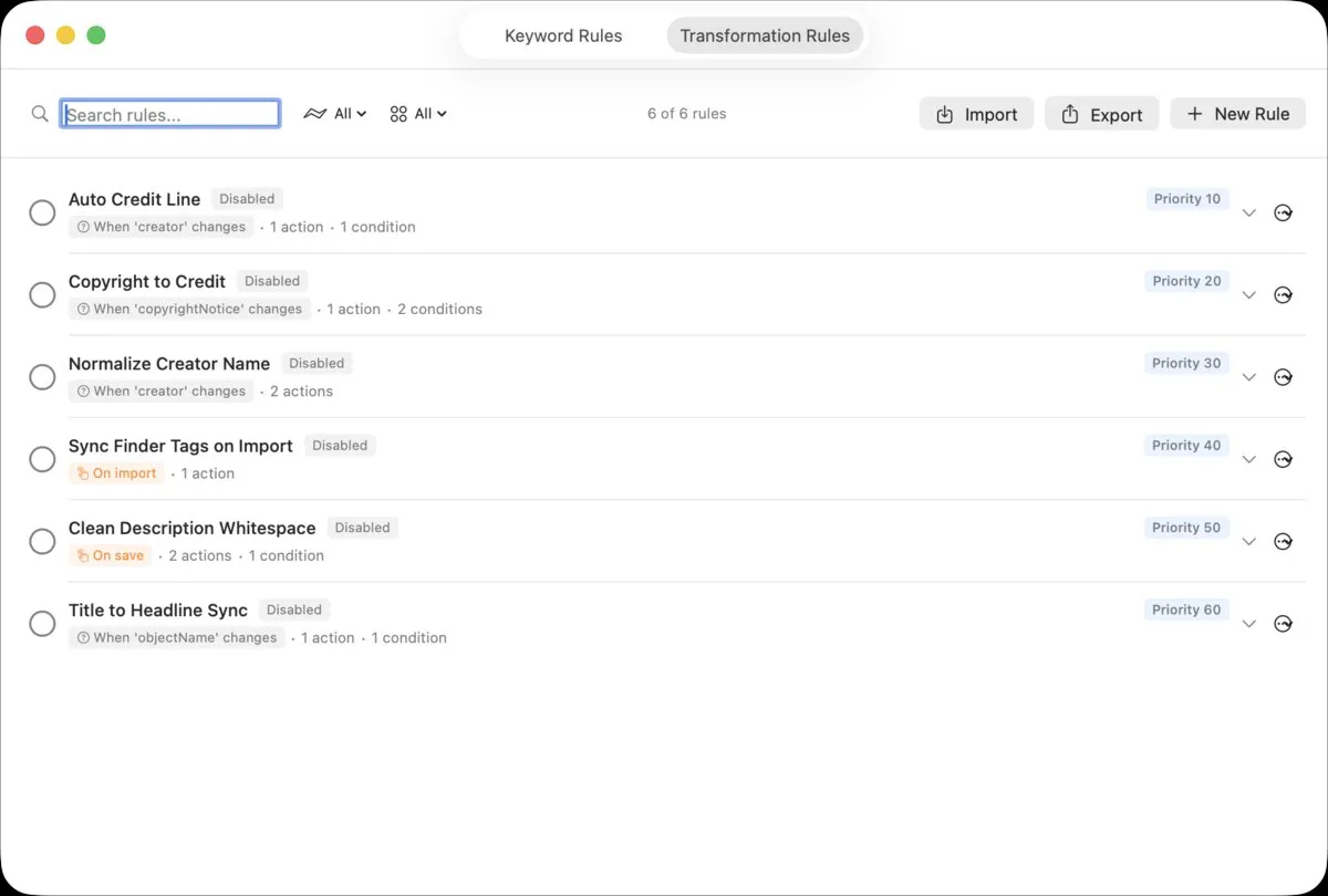 Unified Rules Window showing Transformation Rules tab with conditions, actions, and priorities