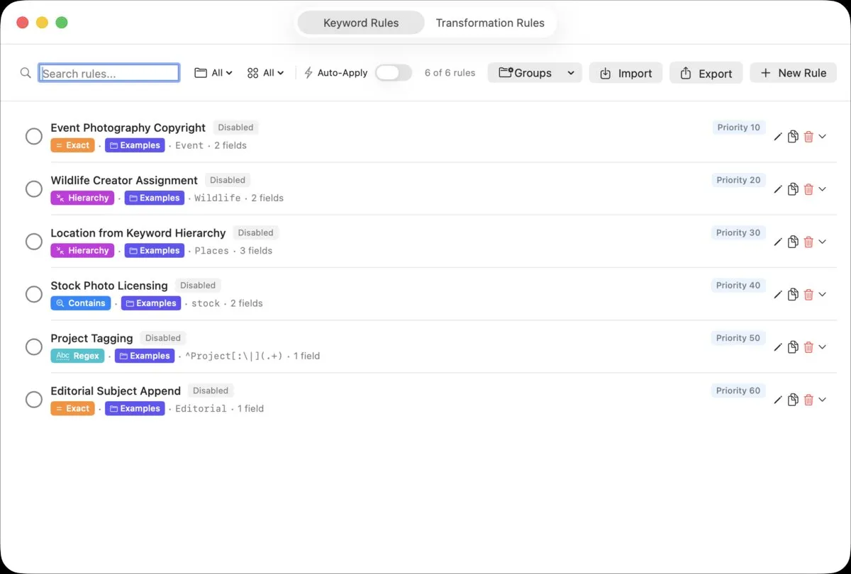 Unified Rules Window showing Keyword Rules tab with match types, priorities, and field mappings