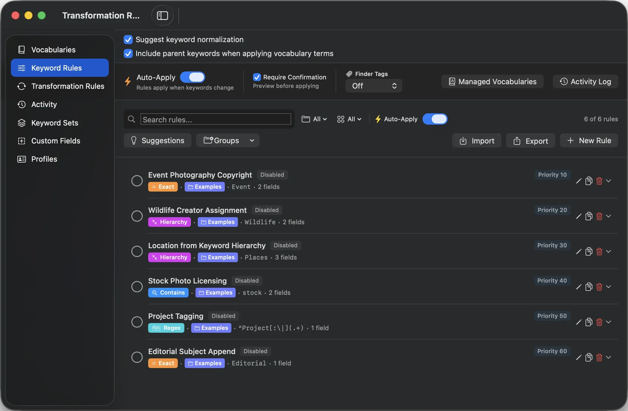 The Keyword Rules pane in dark mode, listing six prioritised rules with their match types (exact, hierarchy, contains, regex), target fields, and Auto-Apply with confirmation required before changes are written.