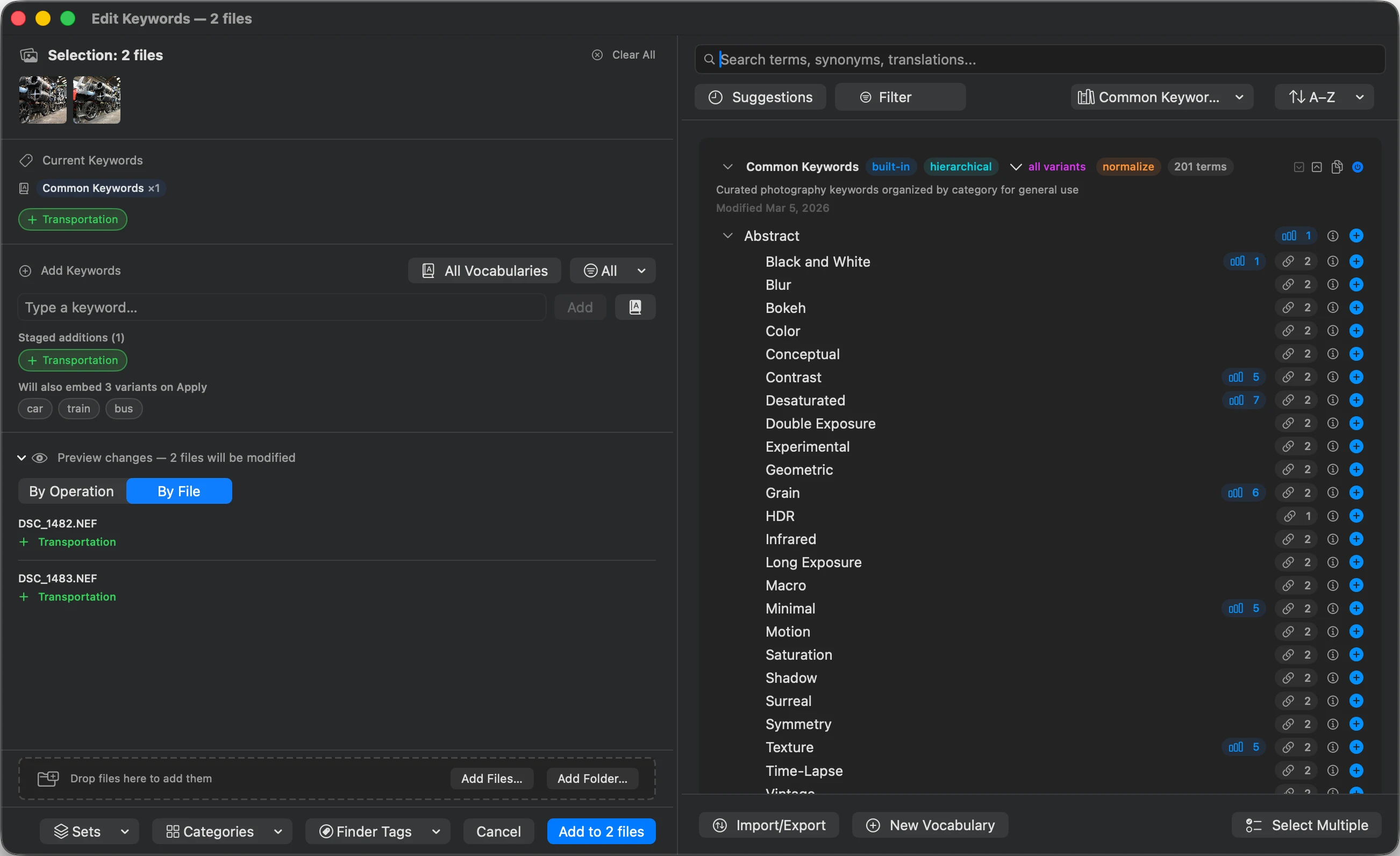 MetaScope Edit Keywords workbench adding keywords across a multi-file selection, with the vocabulary browser and staged additions