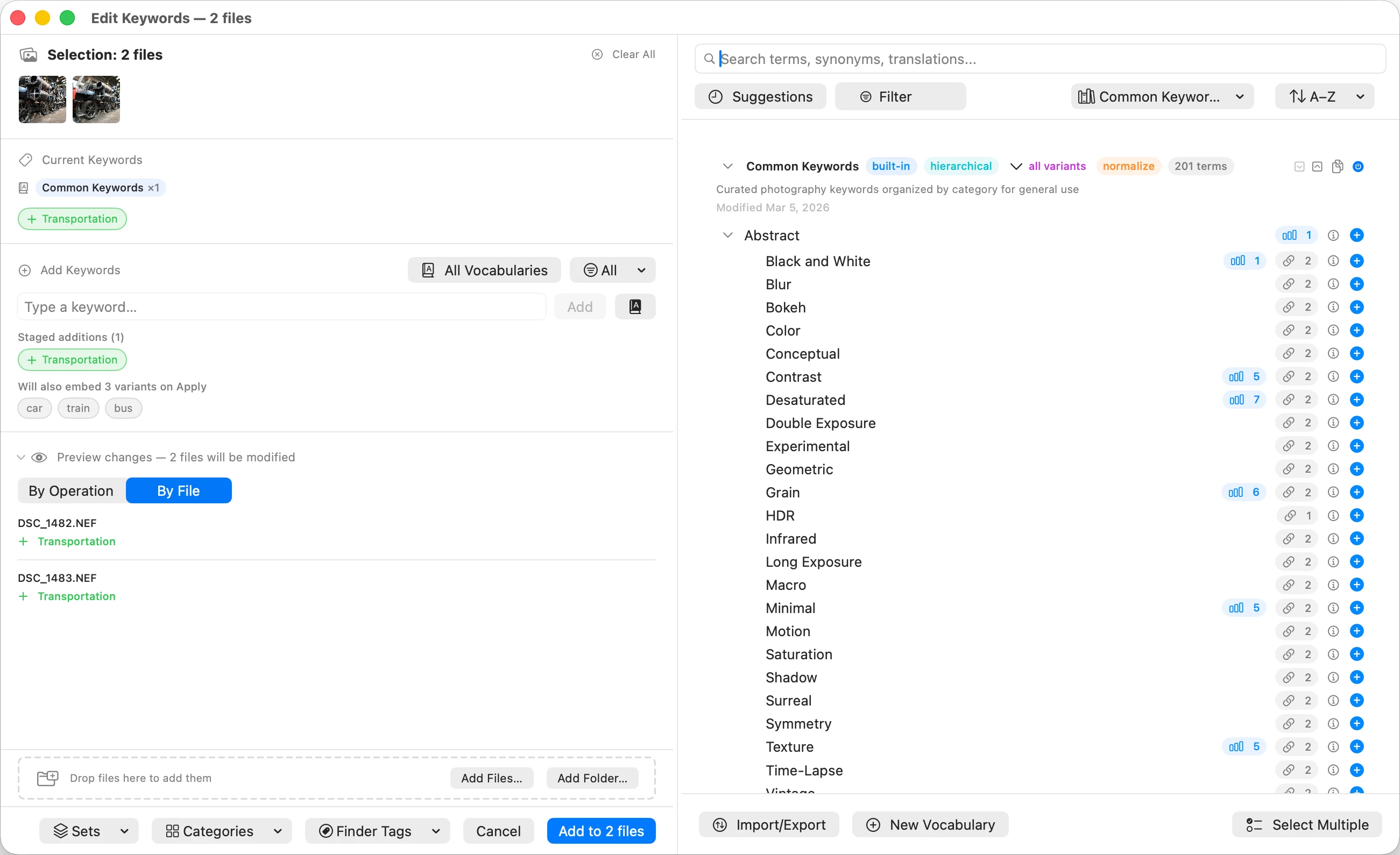 MetaScope Batch Keyword Editor with two NEF files selected, showing the Current Keywords section, Active Vocabulary chip for Common Keywords, staged Transportation keyword with an inline preview showing the three variants (car, train, bus) that will be embedded on Apply, and the Vocabulary Browser docked to the right with hierarchical terms