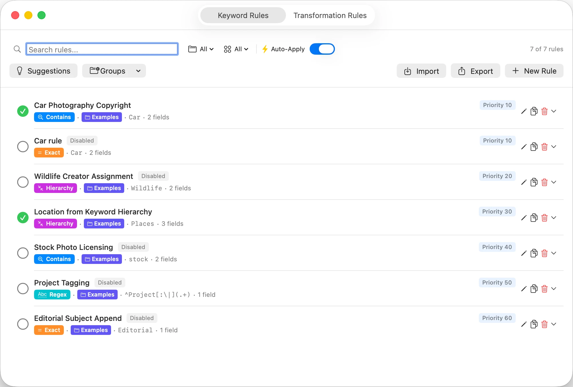 Unified Rules Window showing Keyword Rules tab with match types, priorities, and field mappings