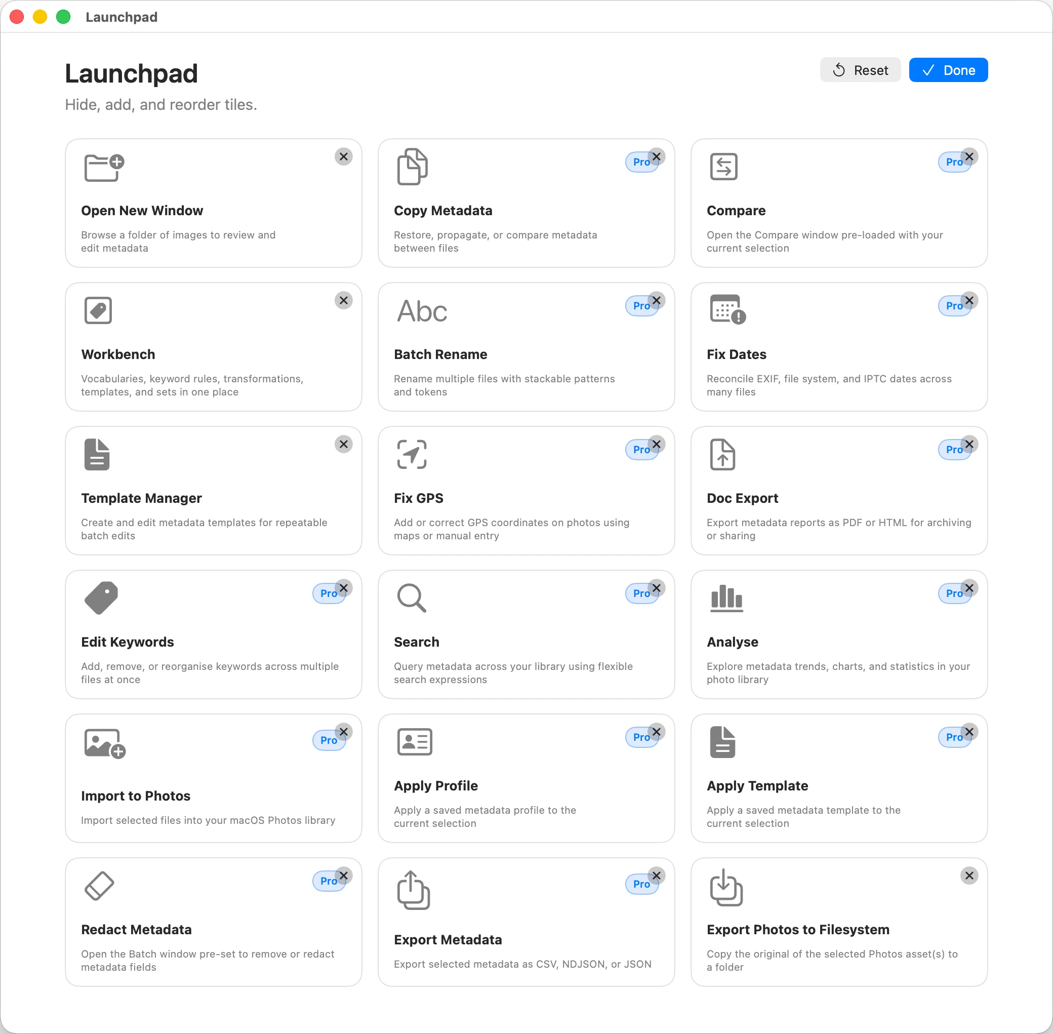 MetaScope Launchpad in Edit Tiles mode, showing 18 tiles in a three-column grid including Open New Window, Copy Metadata, Compare, Workbench, Batch Rename, Fix Dates, Template Manager, Fix GPS, Doc Export, Edit Keywords, Search, Analyse, Import to Photos, Apply Profile, Apply Template, Redact Metadata, Export Metadata, and Export Photos to Filesystem