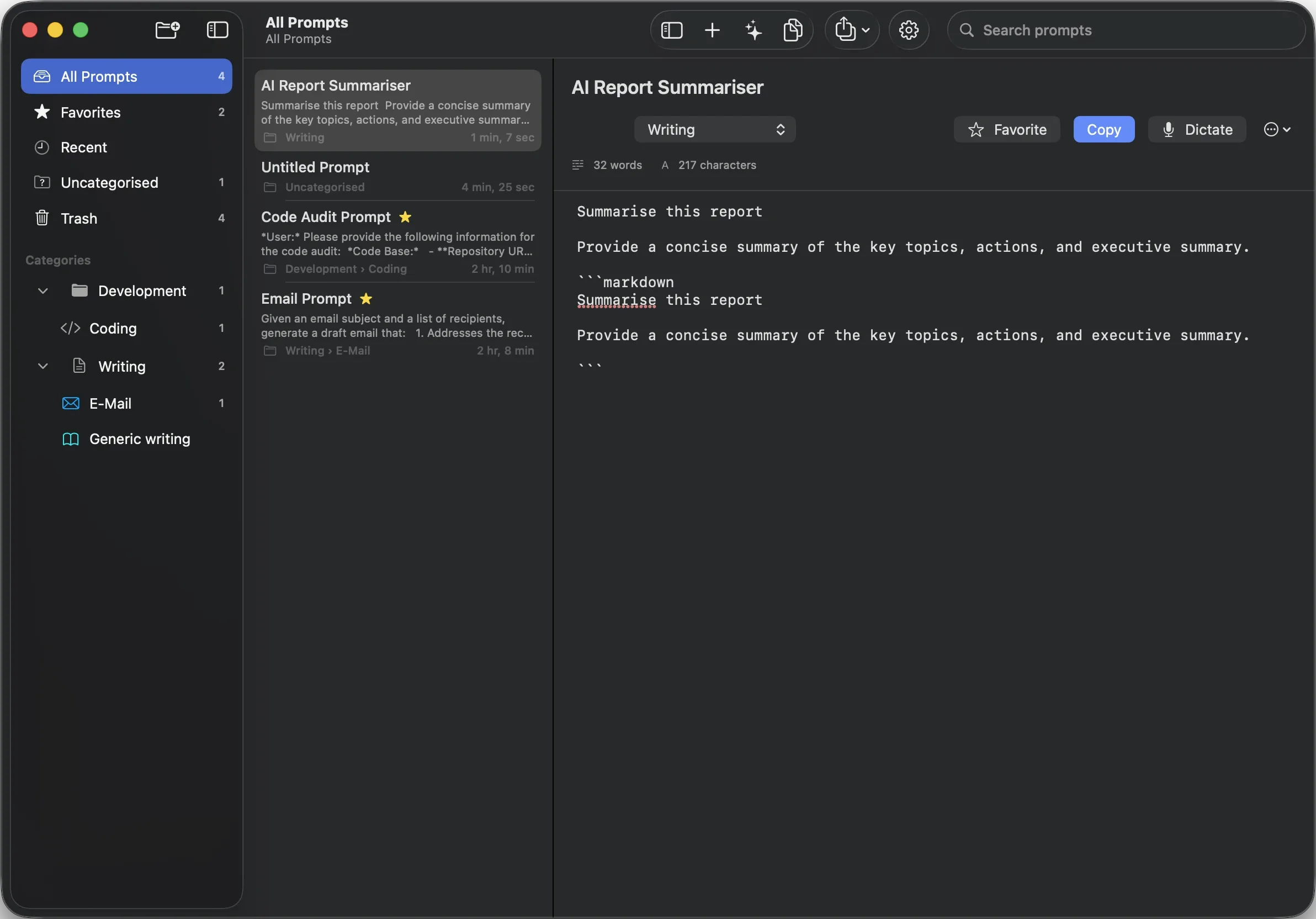 PromptLatch on macOS showing the prompt library with categories, the prompt list, and a saved prompt open in the detail pane