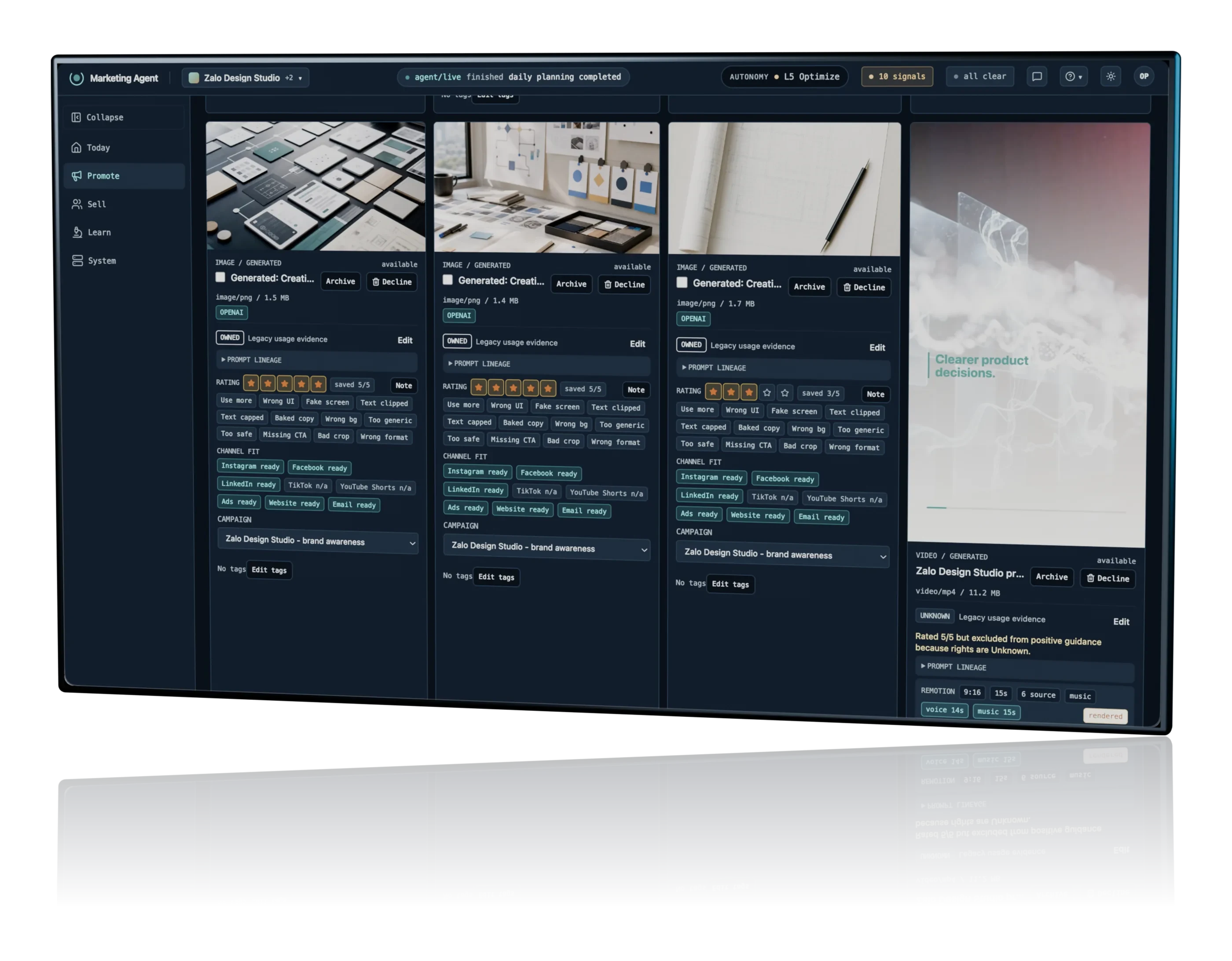 Agentic Marketing System operator interface showing generated creatives ready for review