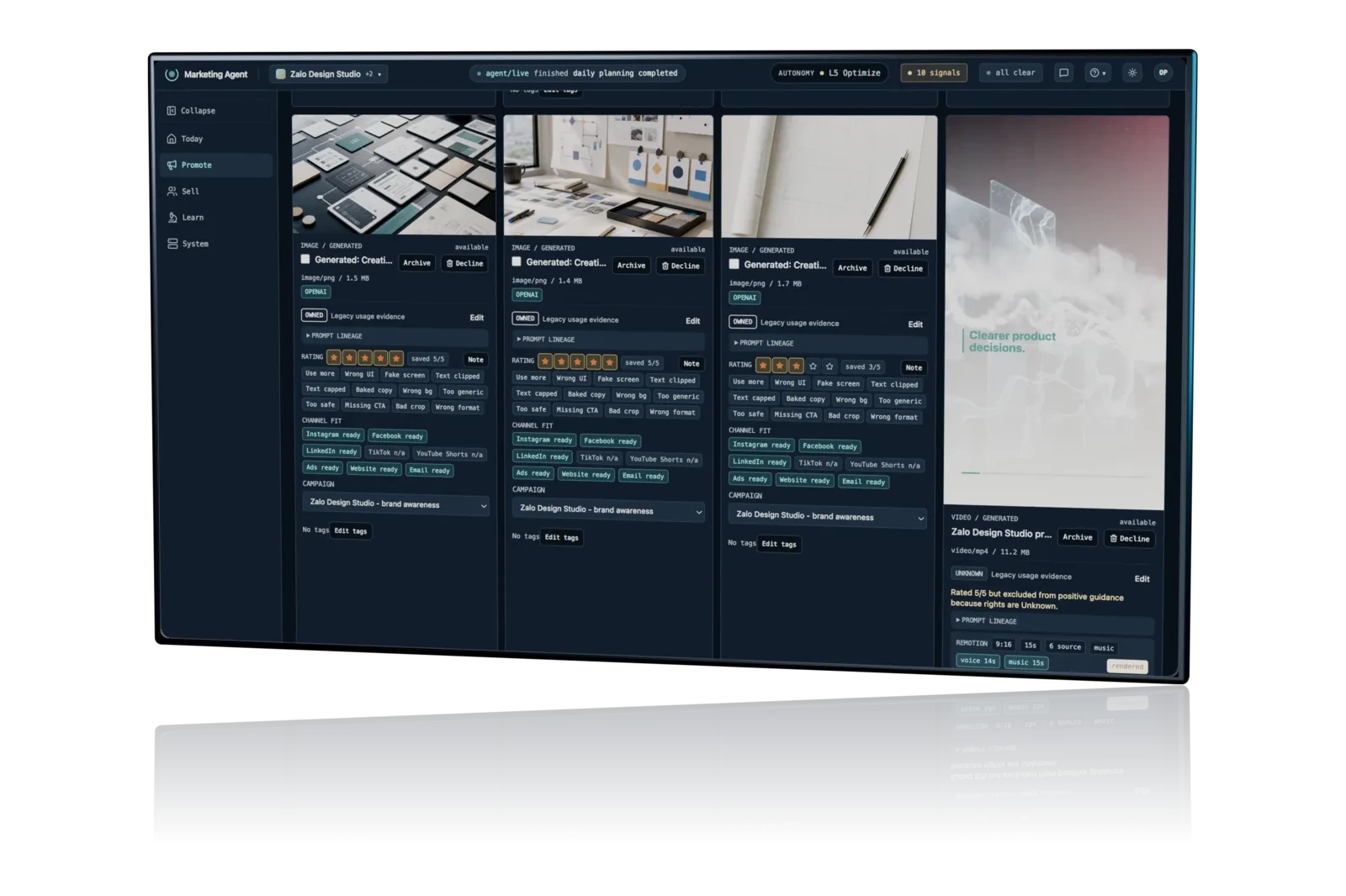 Agentic Marketing System operator interface showing generated creatives ready for review