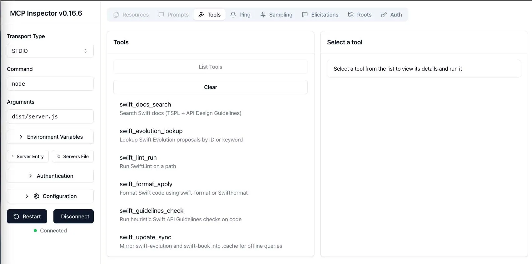 MCP Inspector showing the 17 specialized tools exposed by the Swift MCP Server