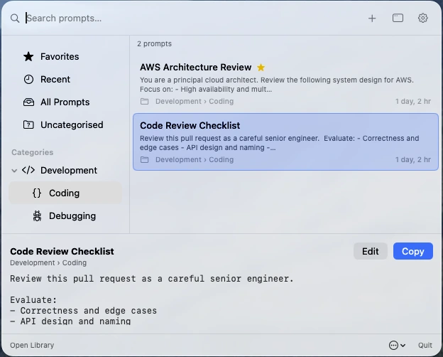 The PromptLatch menu-bar panel: a search field, a category sidebar with favorites and recent, a result list, and a preview of the selected prompt with Edit and Copy buttons