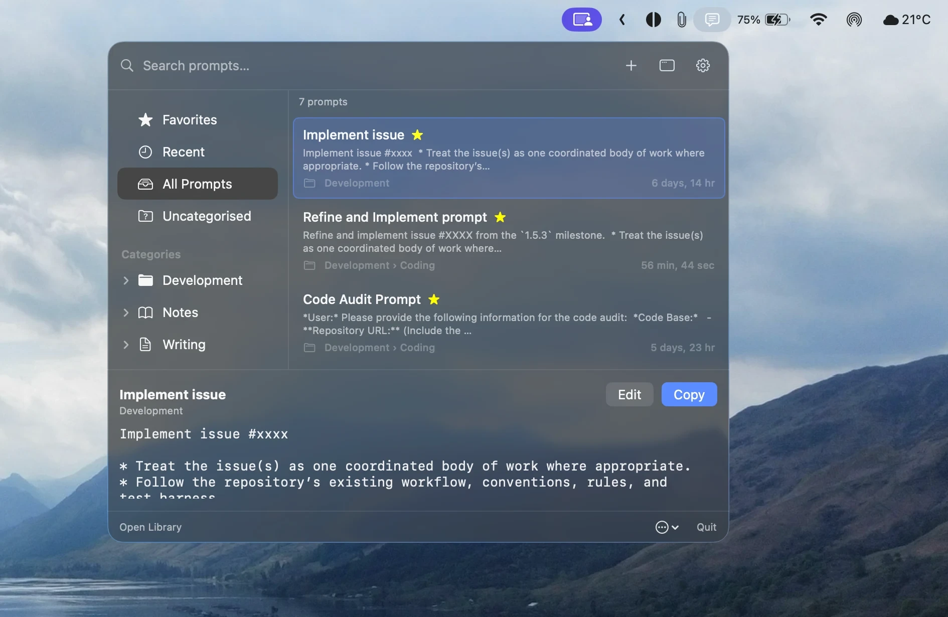 The PromptLatch panel dropped down from the macOS menu bar over a desktop, with search, categories, the prompt list, and the selected prompt previewed with Edit and Copy