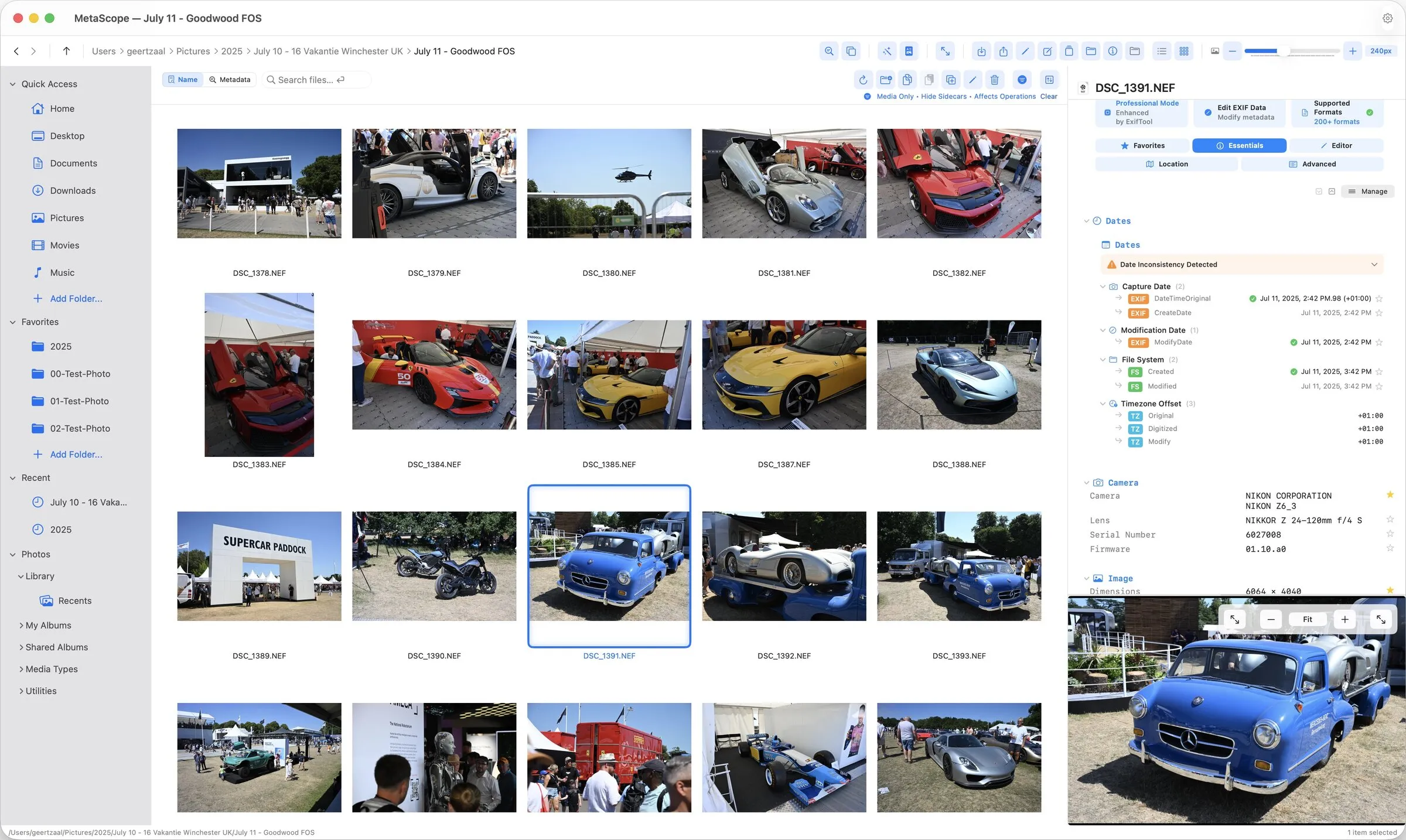 MetaScope file browser with thumbnail grid and metadata panel - enlarged view