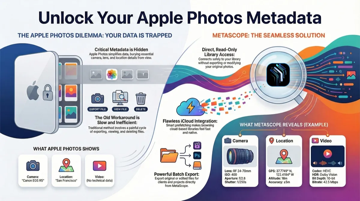 MetaScope displaying detailed metadata from an iCloud Photos library