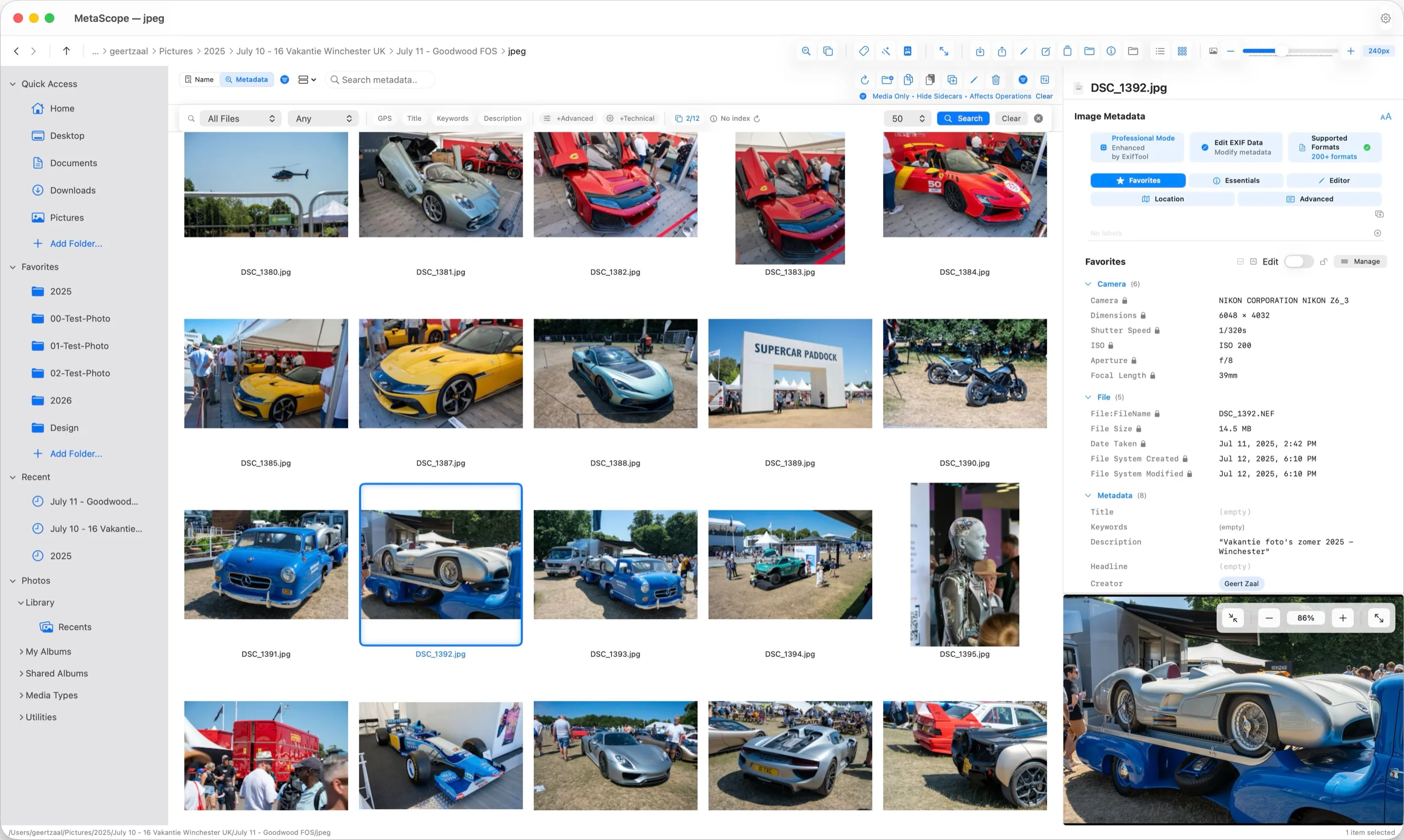 MetaScope library view showing batches of photos with a metadata inspector on the right