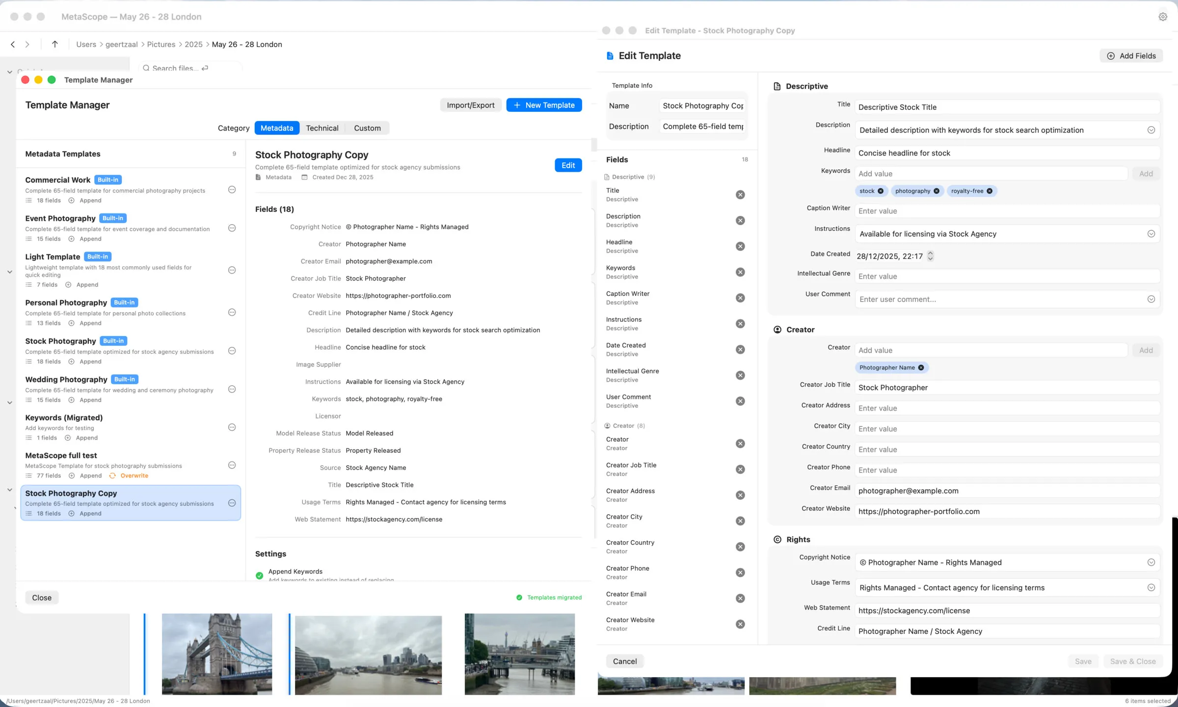 MetaScope Template Manager with Edit Template panel - enlarged view