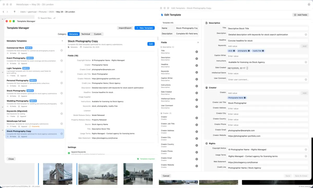 MetaScope Template Manager with Edit Template panel showing Stock Photography template fields