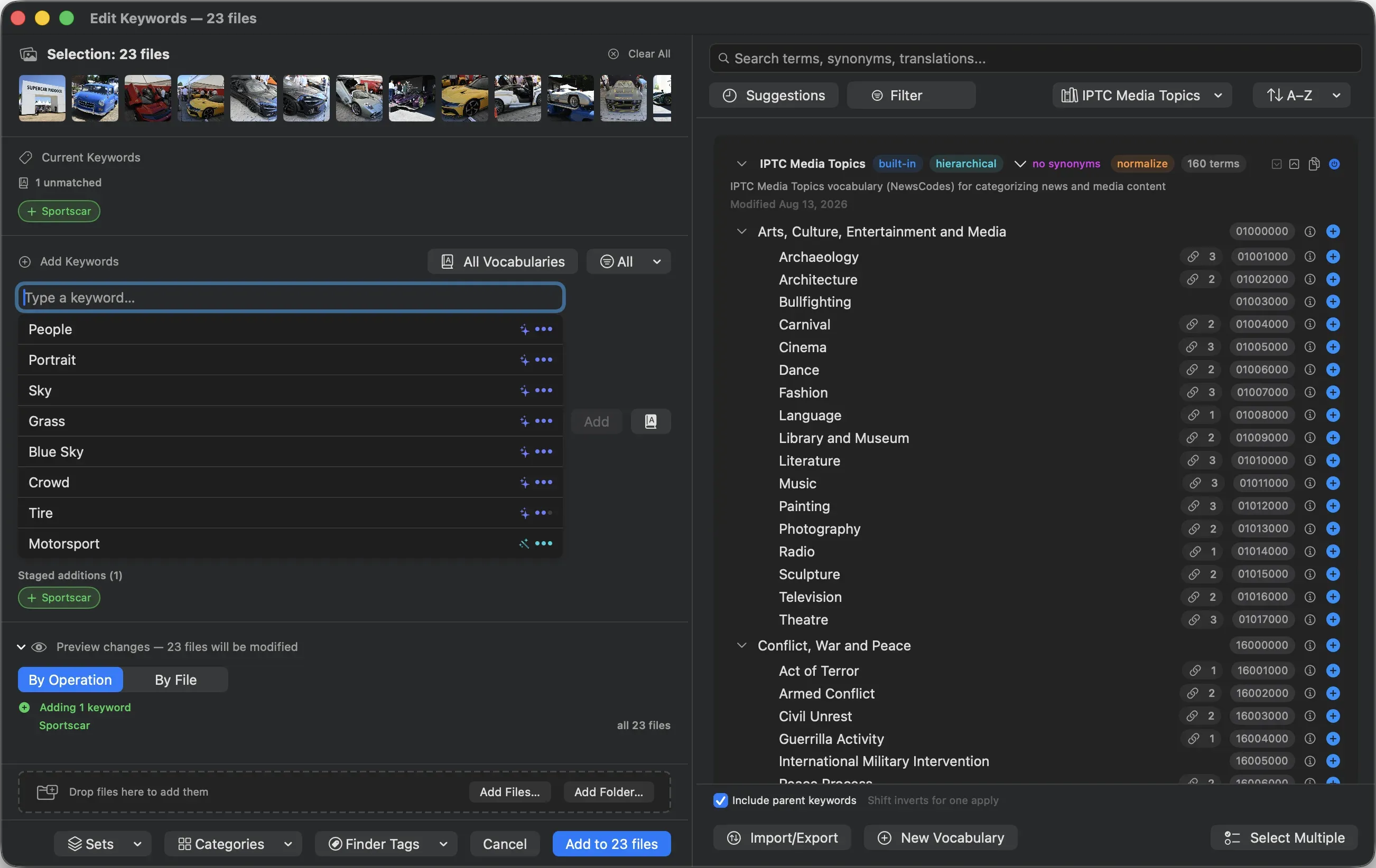 MetaScope Edit Keywords in dark mode: 23 selected files, staged keyword additions with a change preview, and the IPTC Media Topics vocabulary browser alongside