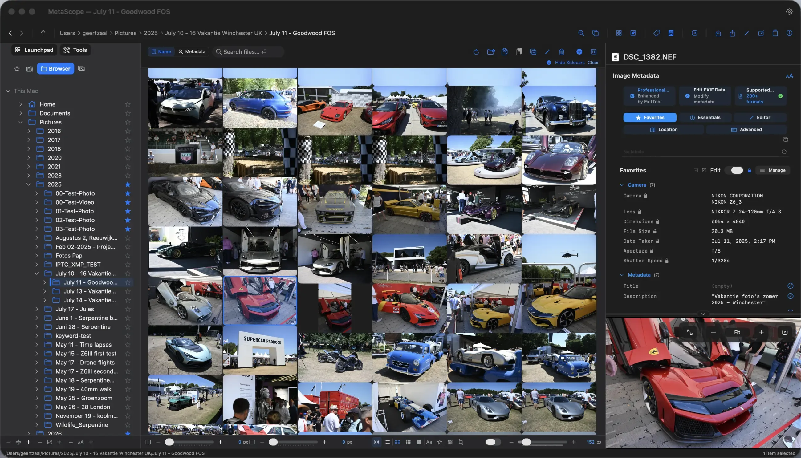 MetaScope browser in dark mode with the masonry thumbnail grid, four-tab sidebar, and metadata inspector