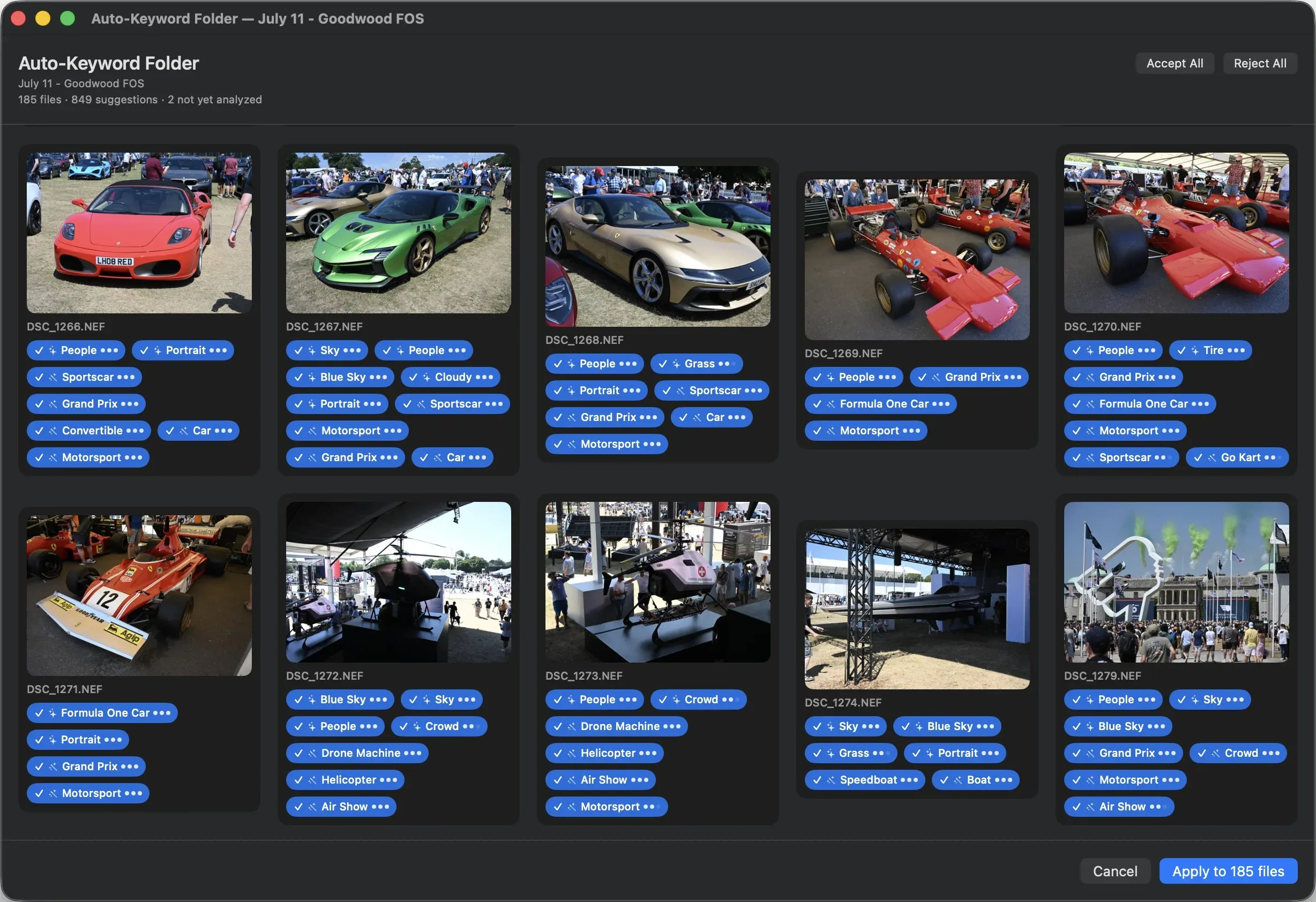 MetaScope Suggest Keywords review grid in dark mode, with badged Vision keyword suggestions across a folder of photos