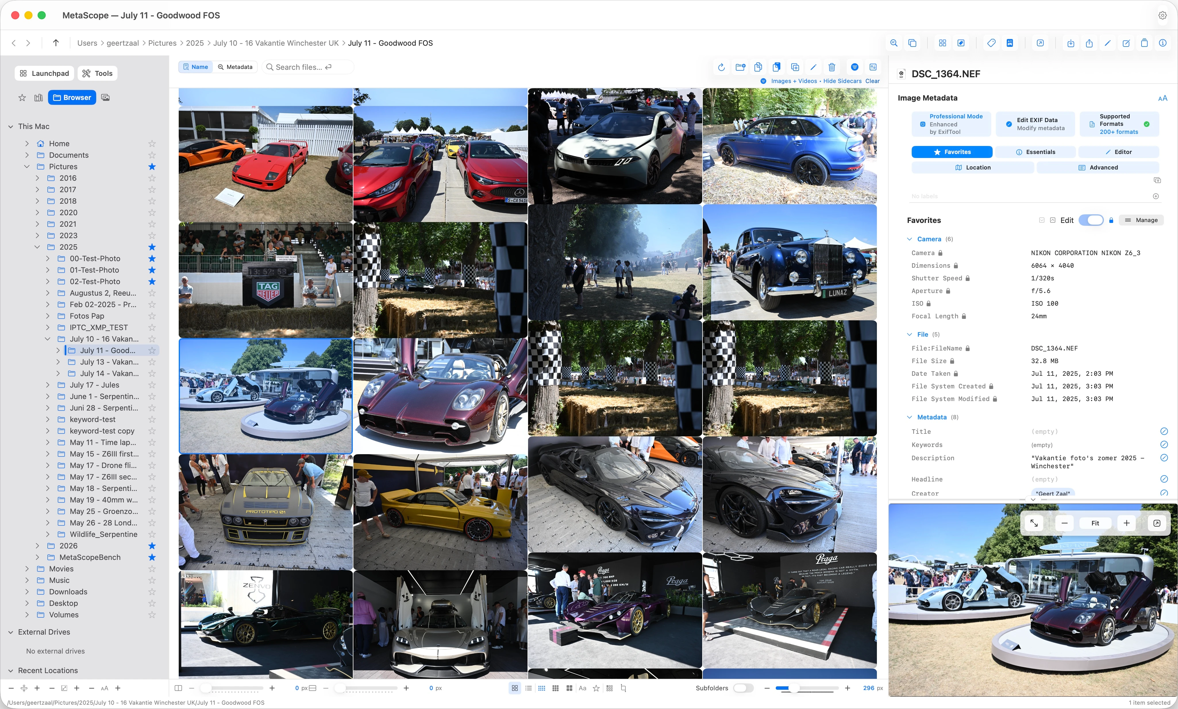 MetaScope library view showing batches of photos with a metadata inspector on the right