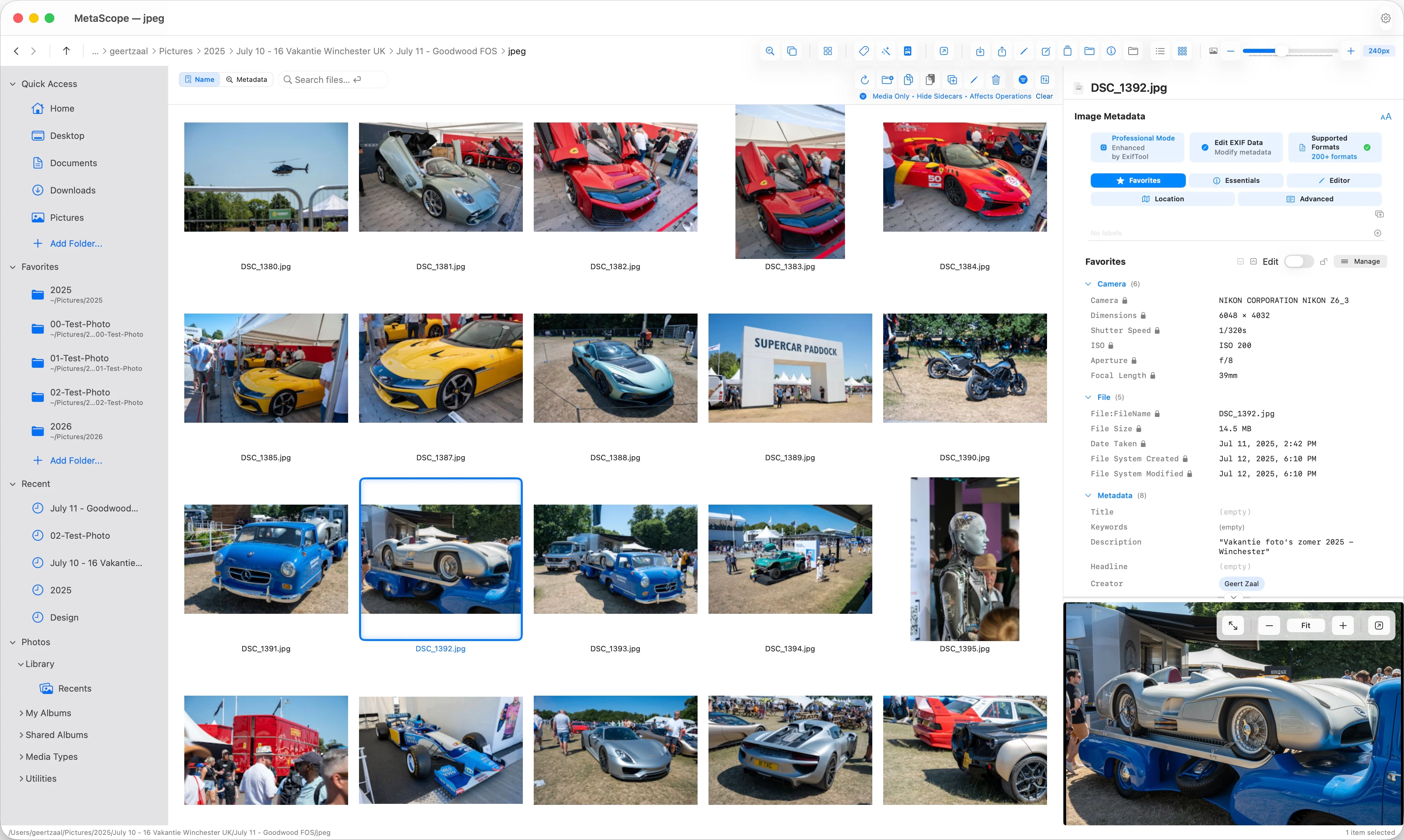 MetaScope library view showing batches of photos with a metadata inspector on the right