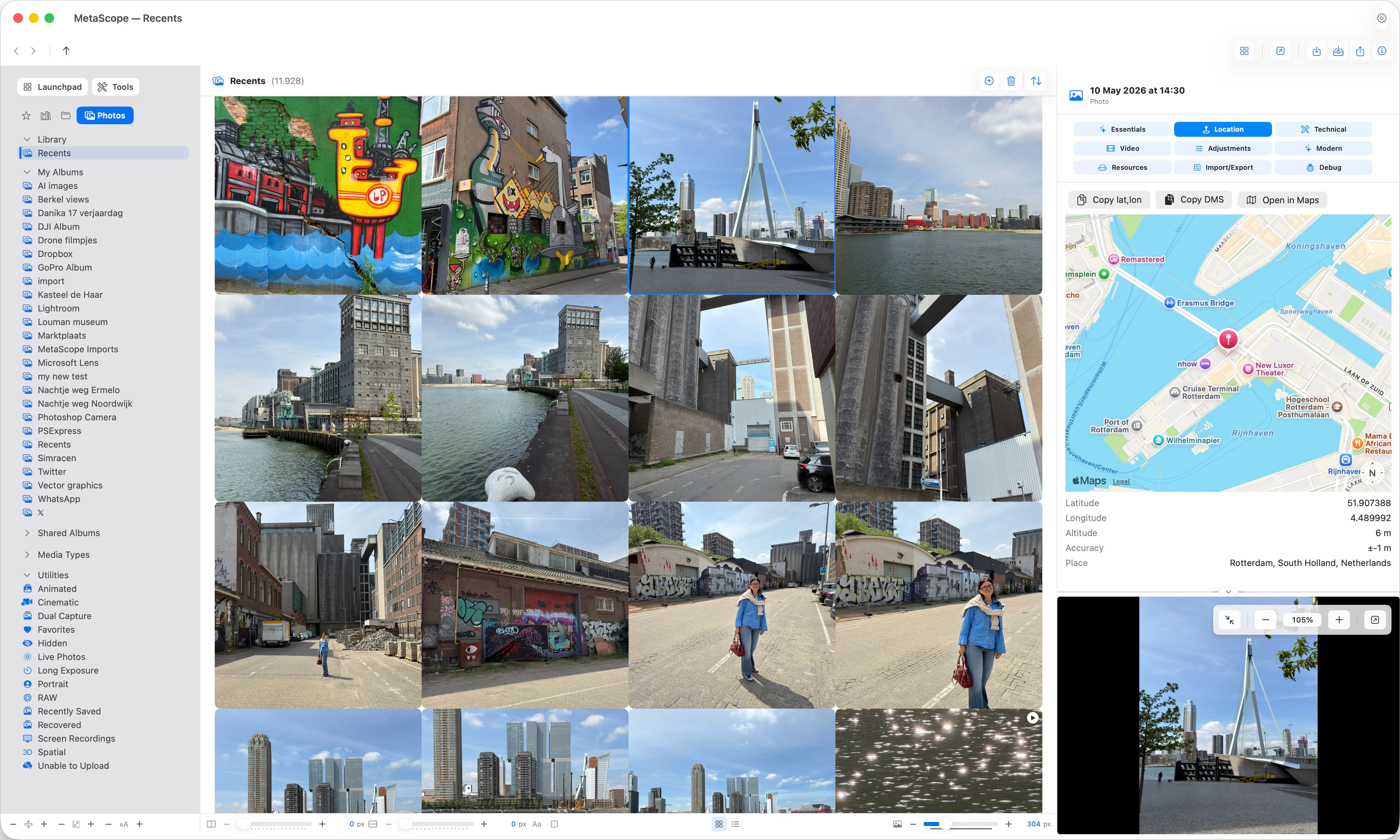 MetaScope browsing the Apple Photos library with album navigation, inline previews, and iCloud download progress