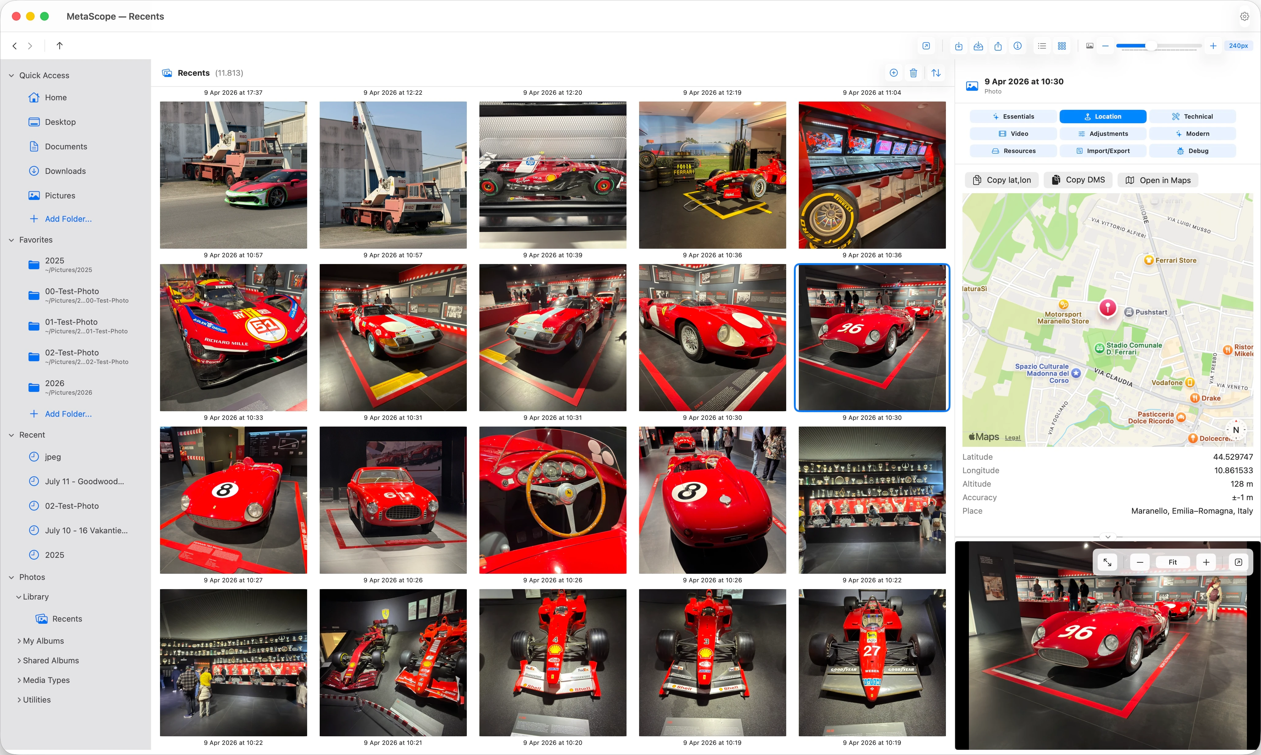 MetaScope browsing the Apple Photos library with album navigation, inline previews, and iCloud download progress