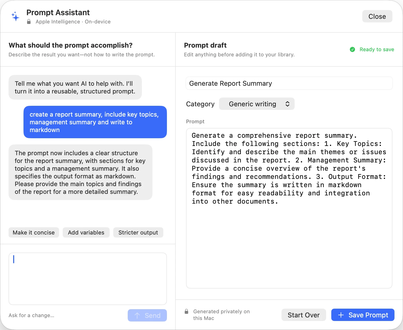 PromptLatch Prompt Assistant showing a private on-device conversation beside a generated reusable prompt draft ready to save