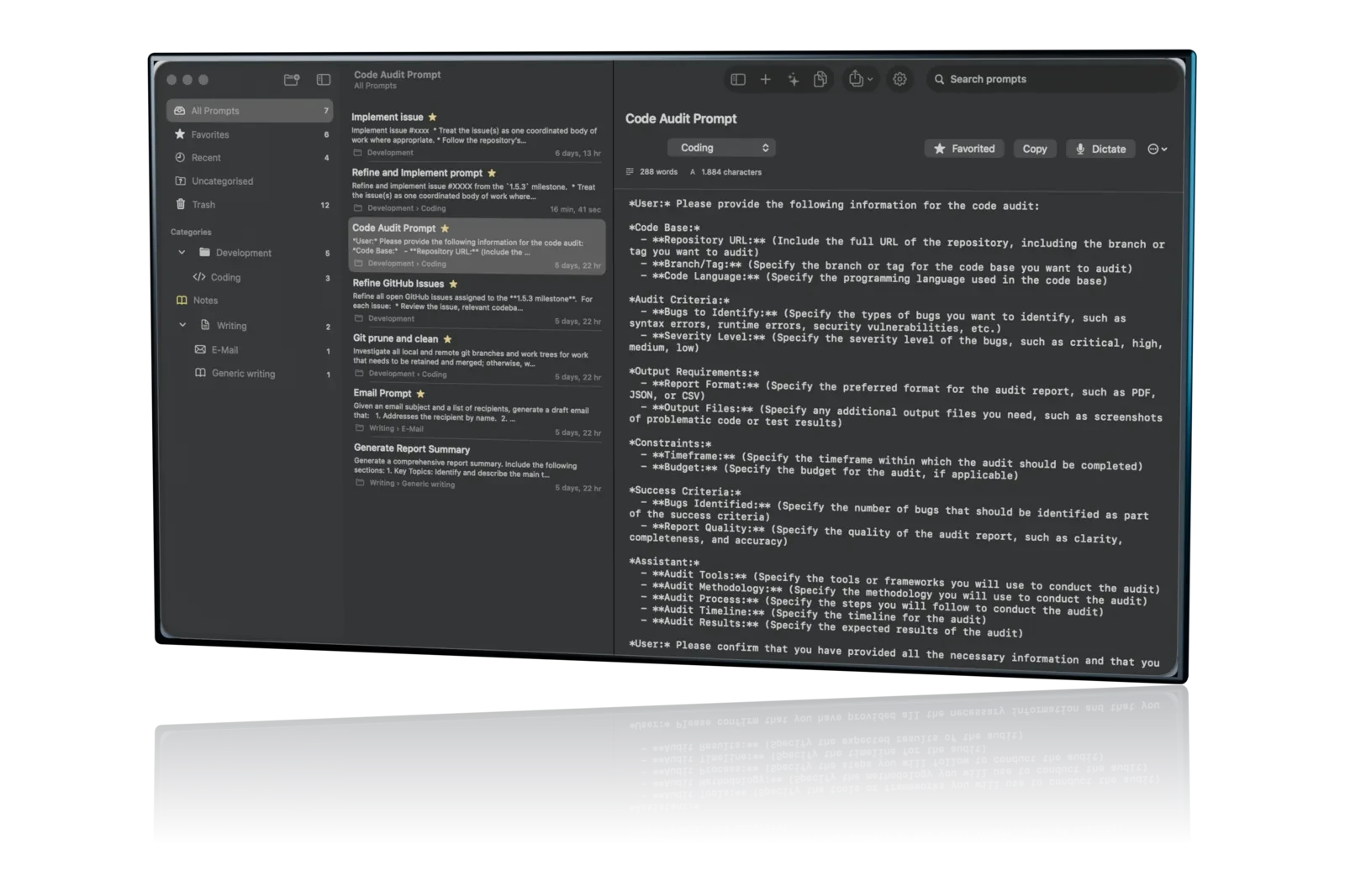PromptLatch on macOS showing the prompt library with a saved prompt open in the detail pane