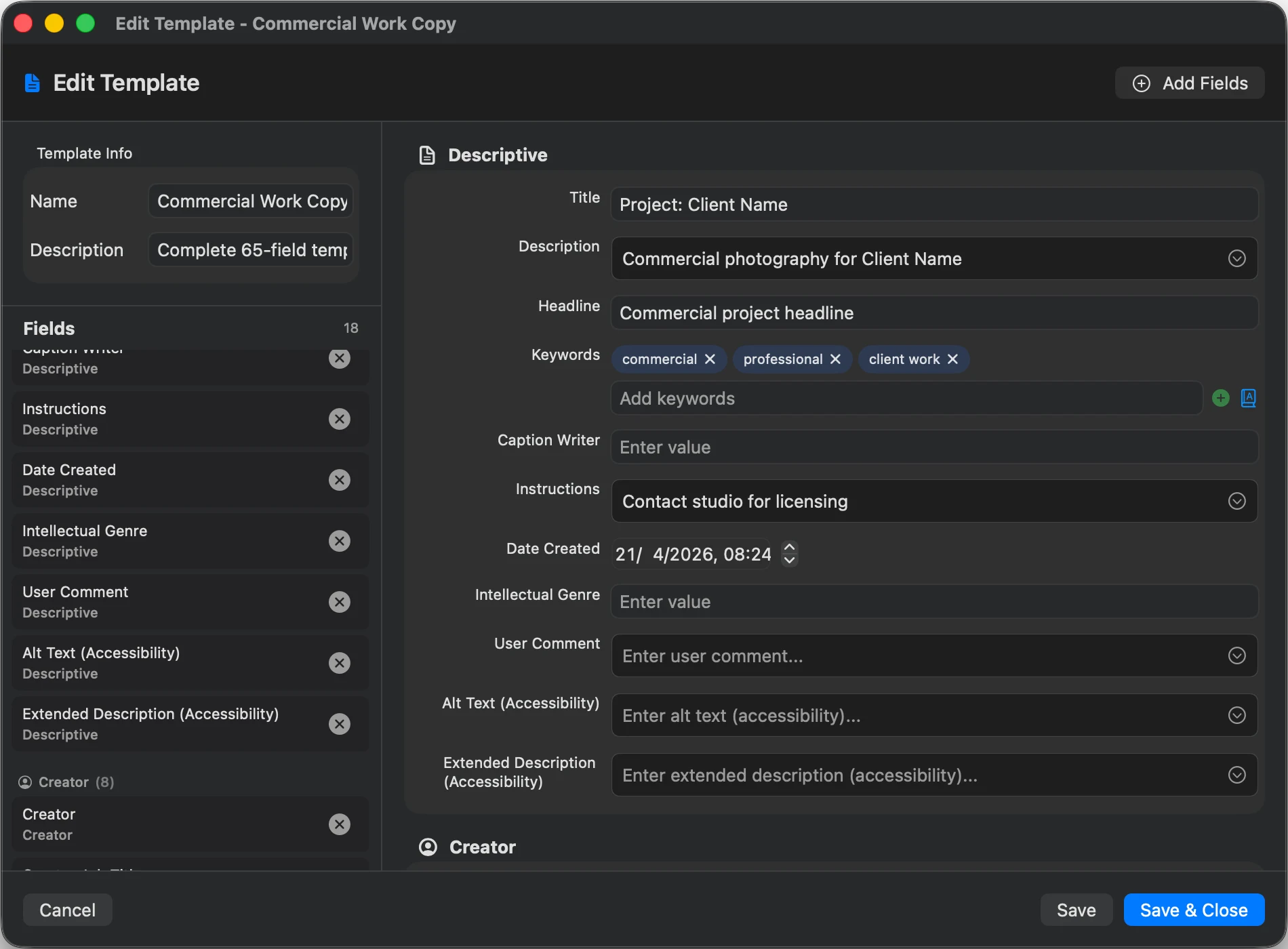 MetaScope Edit Template field editor showing Creator, Copyright Notice, Credit Line and Date Created fields