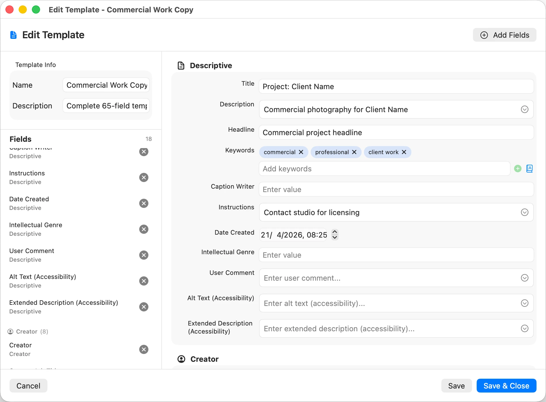MetaScope Edit Template panel showing Stock Photography template field selection and configuration