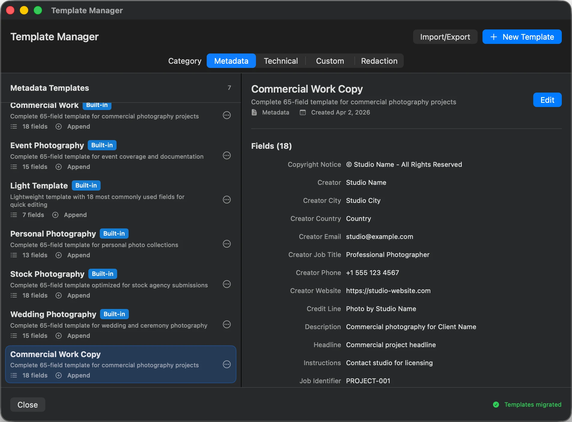 MetaScope Template Manager with pre-built templates across Metadata, Technical, and Custom categories